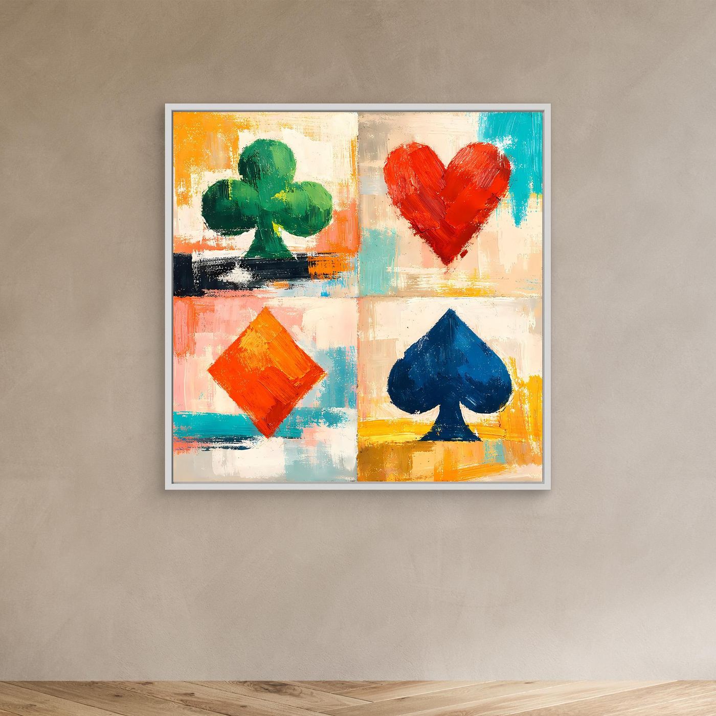 Leinwand-Wandbild mit abstrakten Spielkarten-Symbolen, gerahmt mit schwarzem Rahmen