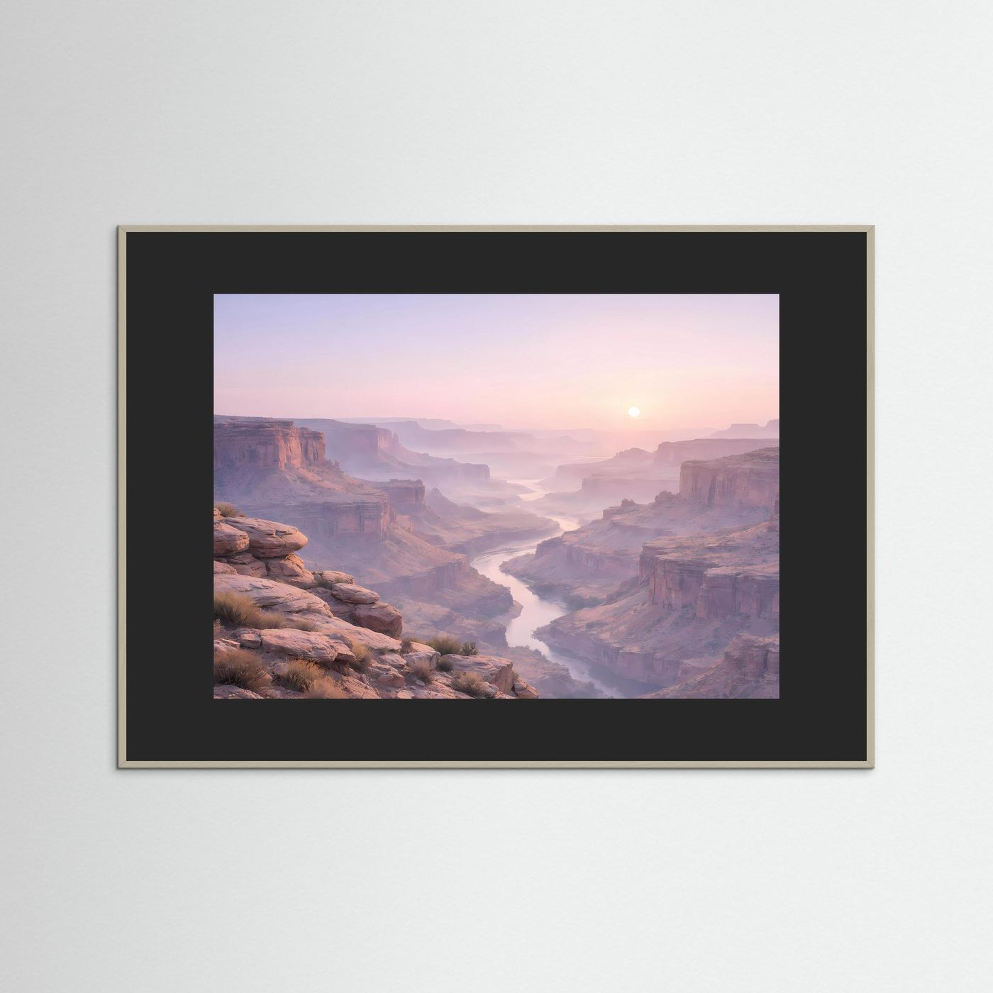 Canyon-Wandbild mit beigem Rahmen, Sonnenaufgang über der Schlucht