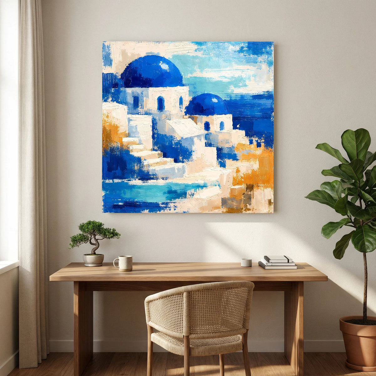 Abstraktes Wandbild auf Leinwand: blauweiße Häuser, blaue Kuppeln, orangefarbene Flächen