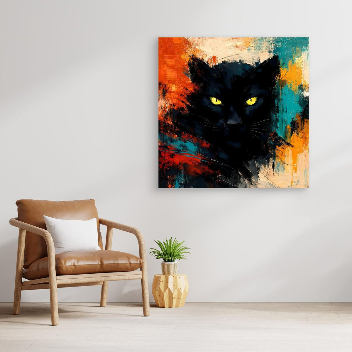 Leinwandposter mit schwarzem Panther und gelben Augen, abstrakter Farbexplosion