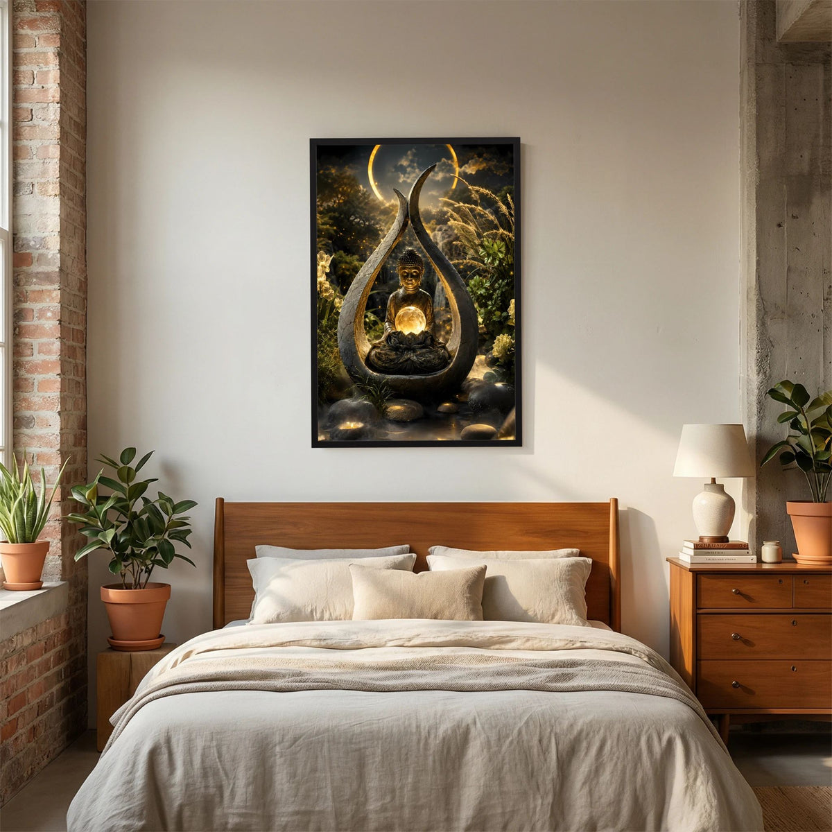 Hochformatiges Kunstposter mit Buddha im Tropfen-Relief und goldener Lichtkugel, schwarzer Rahmen