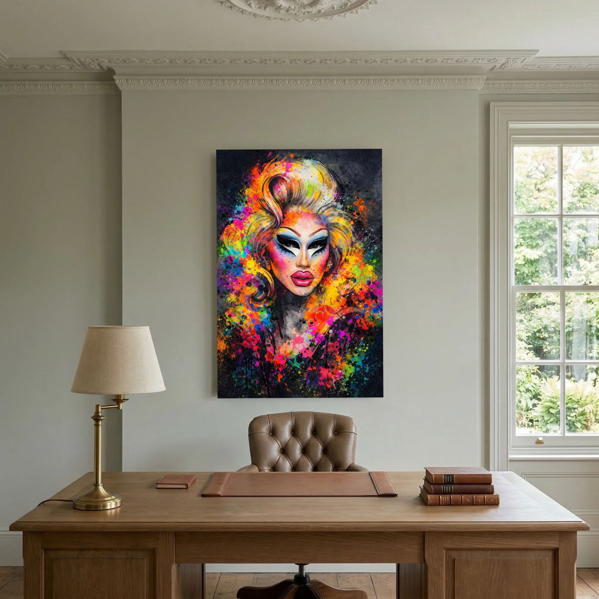 Poster im Hochformat mit Drag-Queen-Porträt, farbige Explosion aus Farbklecksen.