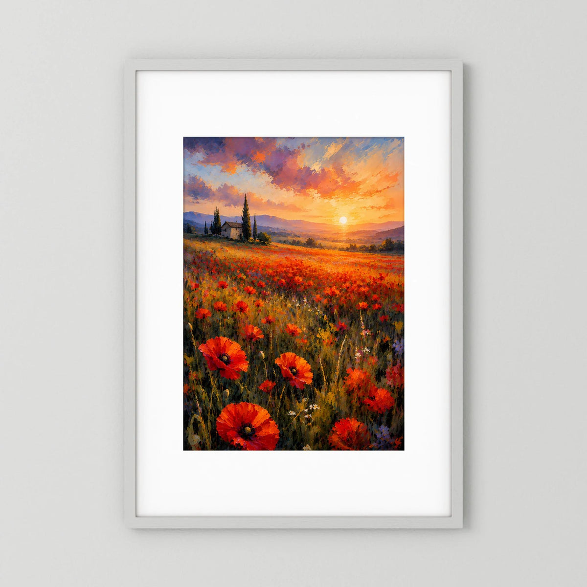 Hochformat-Poster mit Mohnblumenfeld, Sonnenuntergang und einsamer Kirche im Hintergrund