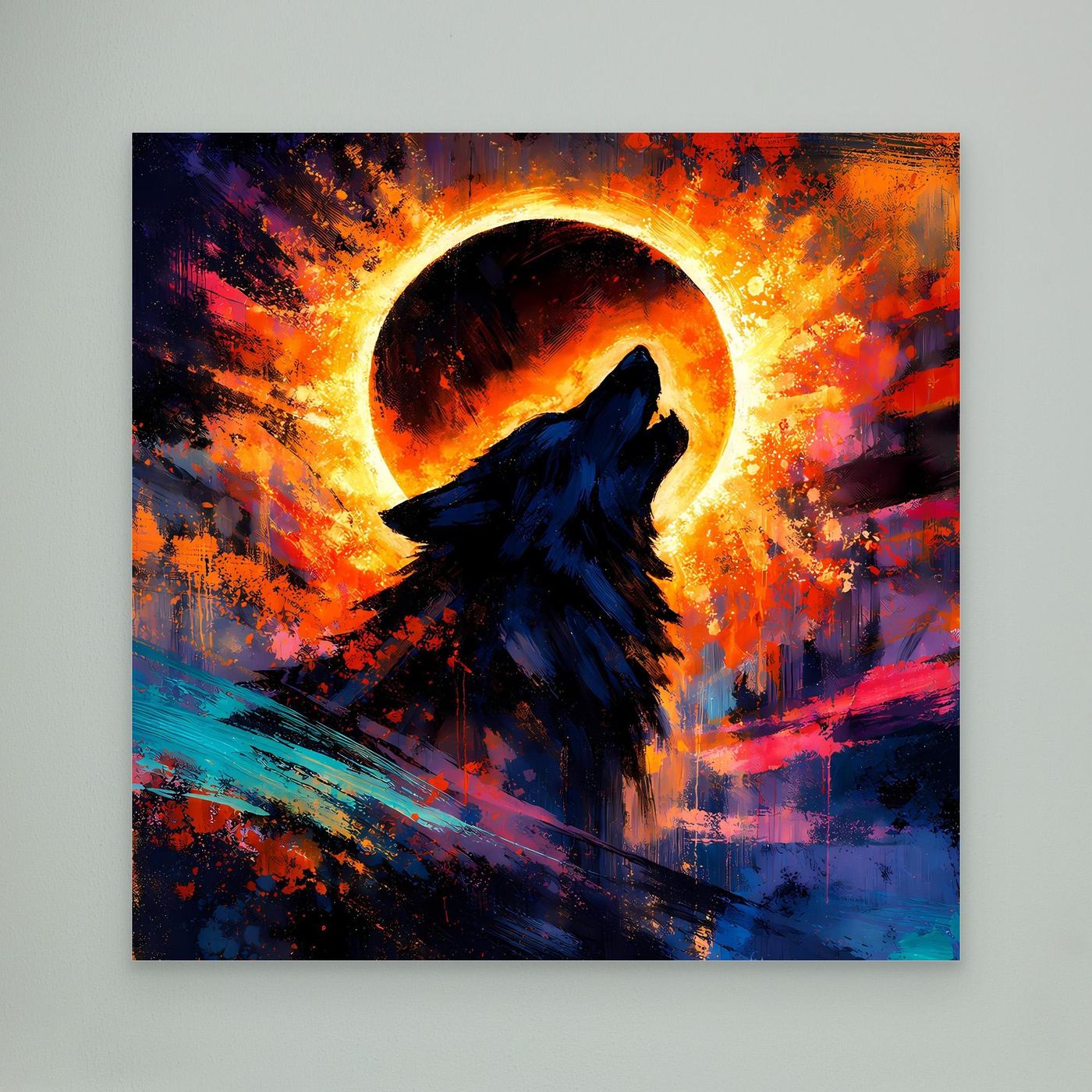 Gerahmtes Leinwand-Wandbild mit dunklem Rahmen: heulender Wolf im Sonnenfinsternis-Ring
