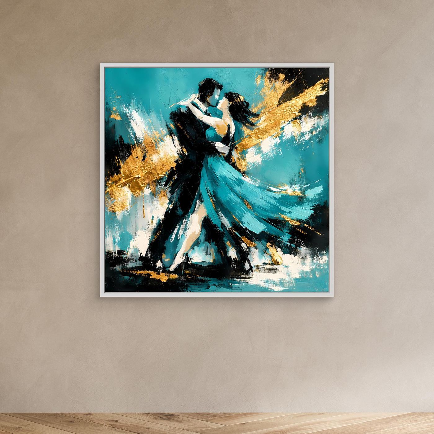 Leinwand Abstraktes Tanzpaar in Türkis und Gold | Modernes Romantisches Paar Wandbild