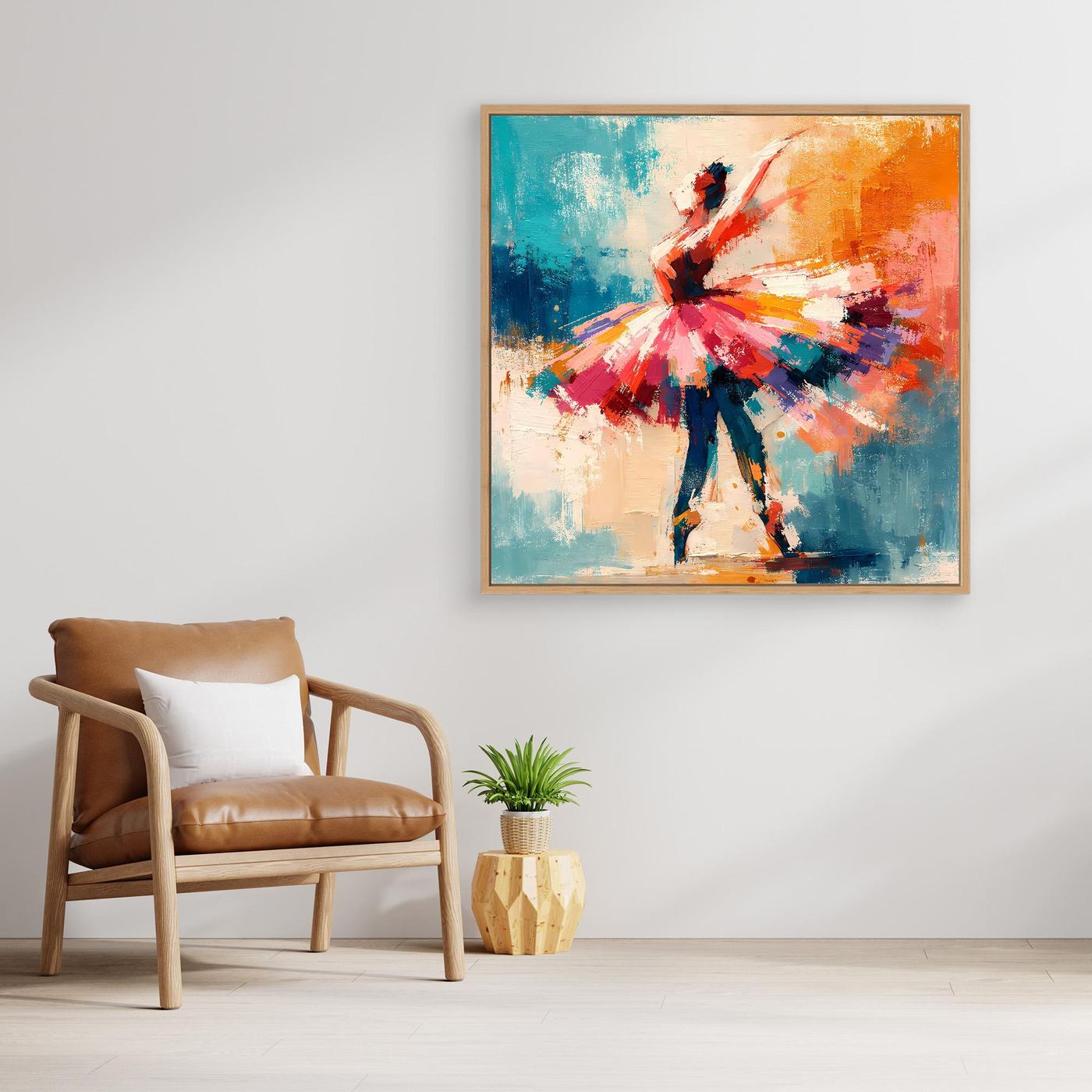 Abstract ballerina canvas wall art with gold frame, multicolor tutu and blue orange tones