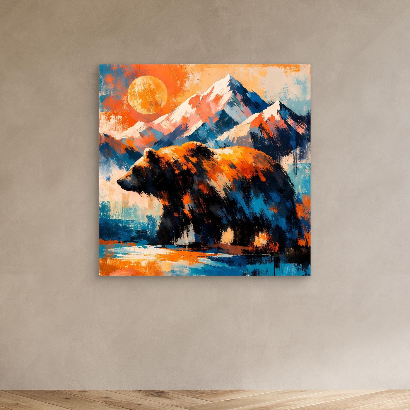 Kleines Leinwand-Wandbild: Grizzlybär vor Bergkulisse, Orange- und Blautöne