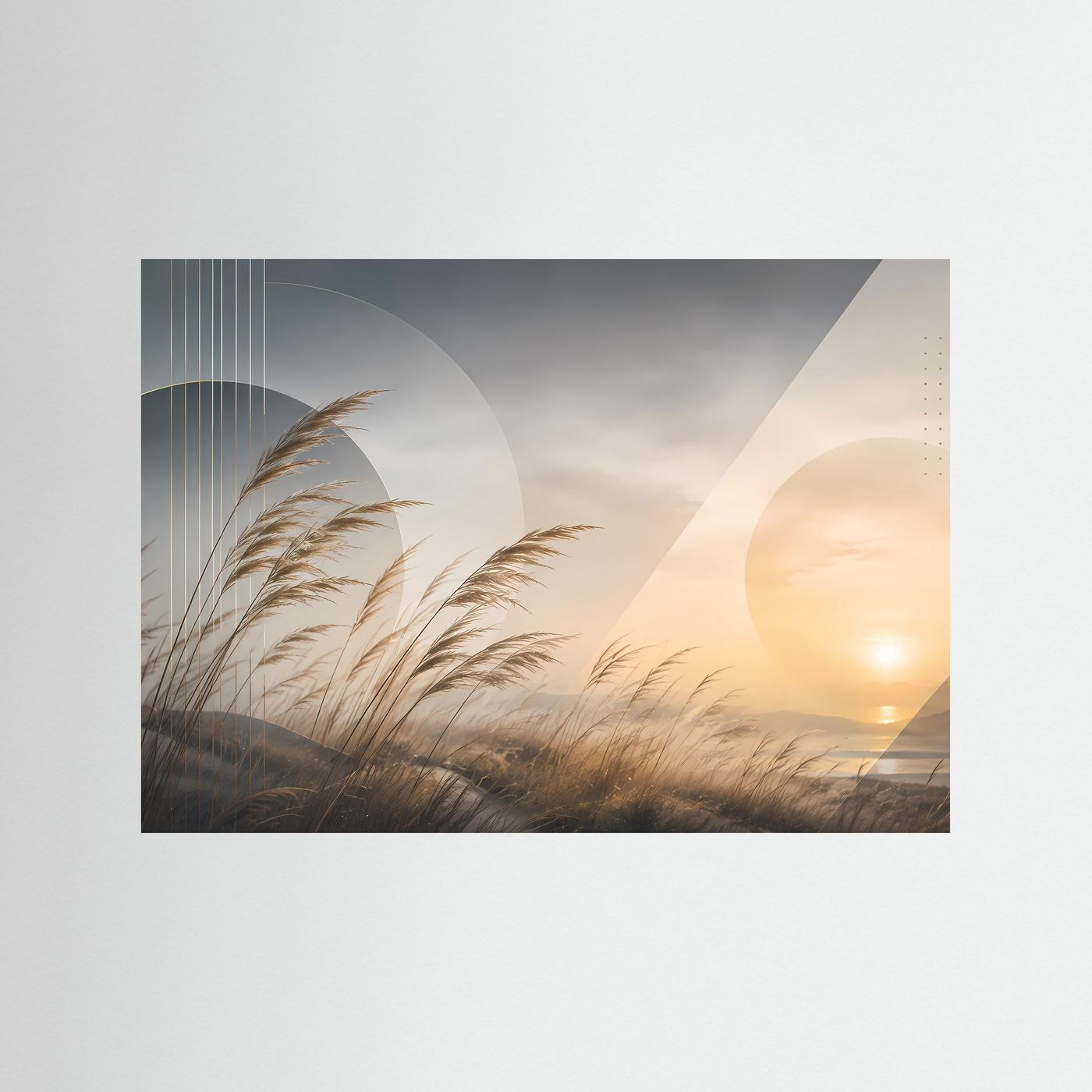 Wandbild mit Gräsern im Abendlicht in Beige- und Goldtönen, ohne Rahmen