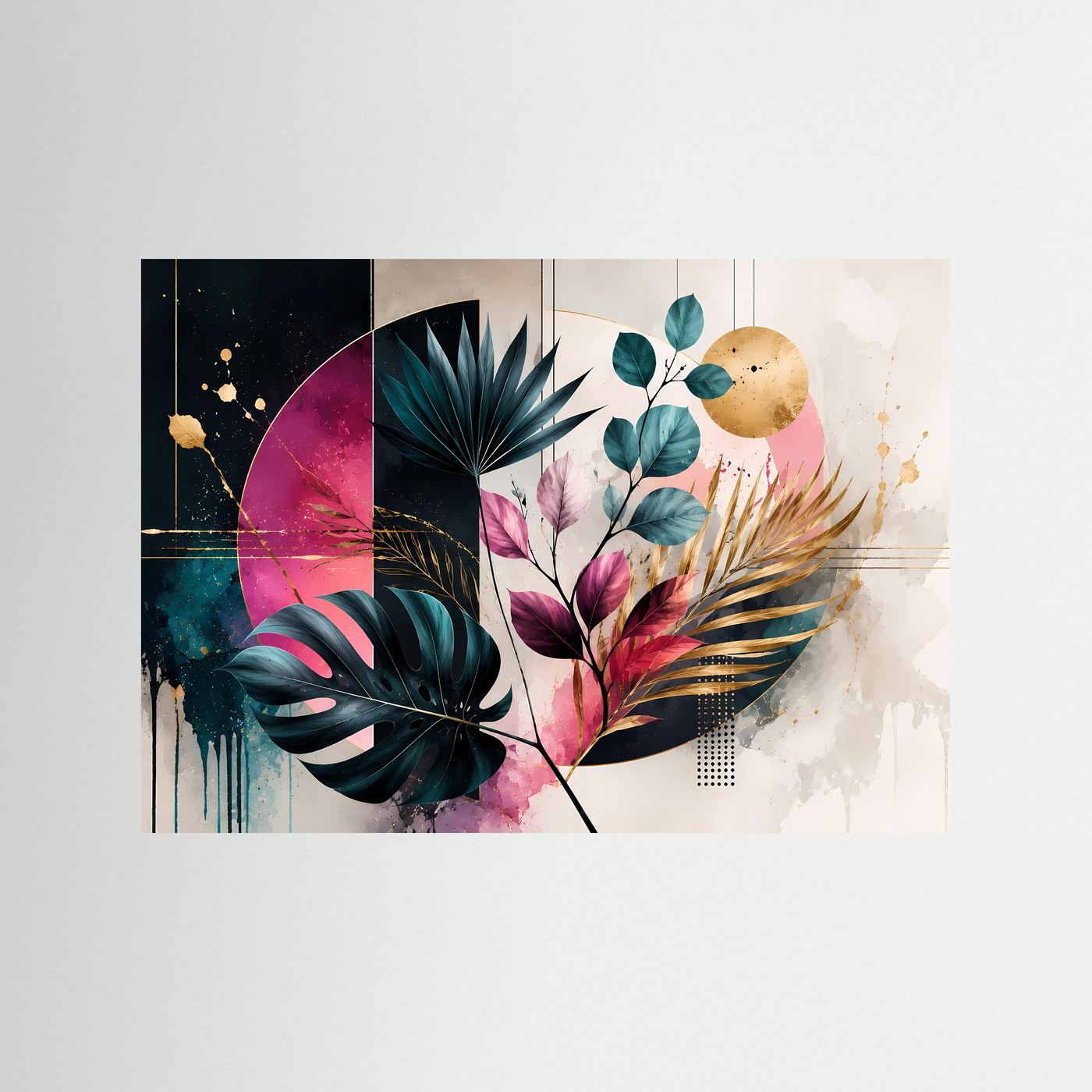 Abstrakte Botanik Poster | Moderne Blätter Wandkunst | Geometrische Pflanzen Kunst | Tropical Boho Leinwand | Gold & Pink Design Bild