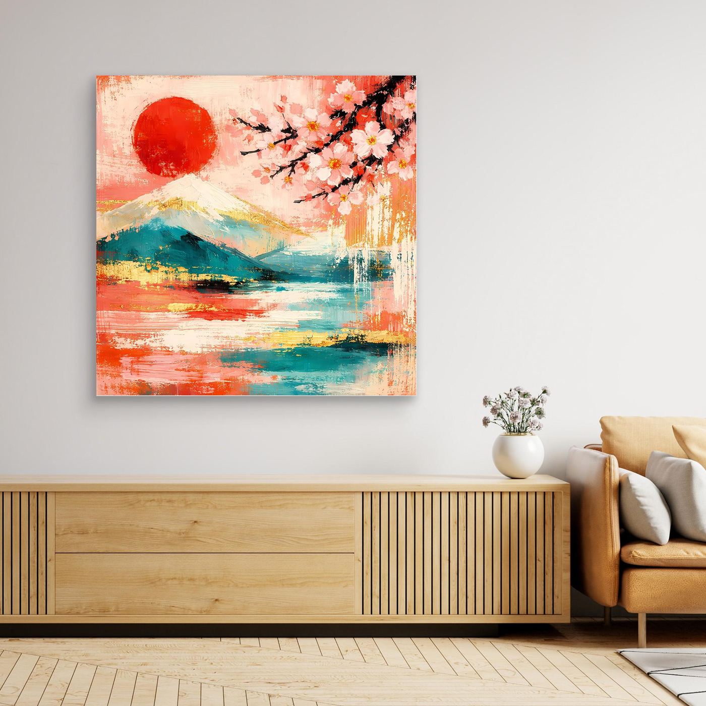 Abstraktes Leinwandbild mit roter Sonne, Kirschblüten und Landschaftsmotiv im dunklen Rahmen