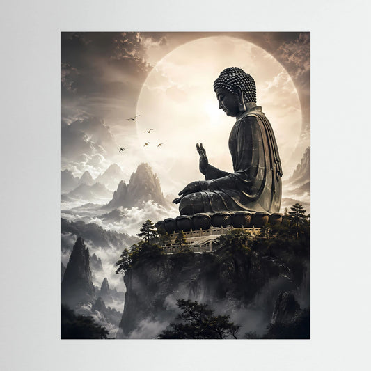 Vertikales Poster: sitzender Buddha über Berglandschaft und Wolken, großes Lichtoval