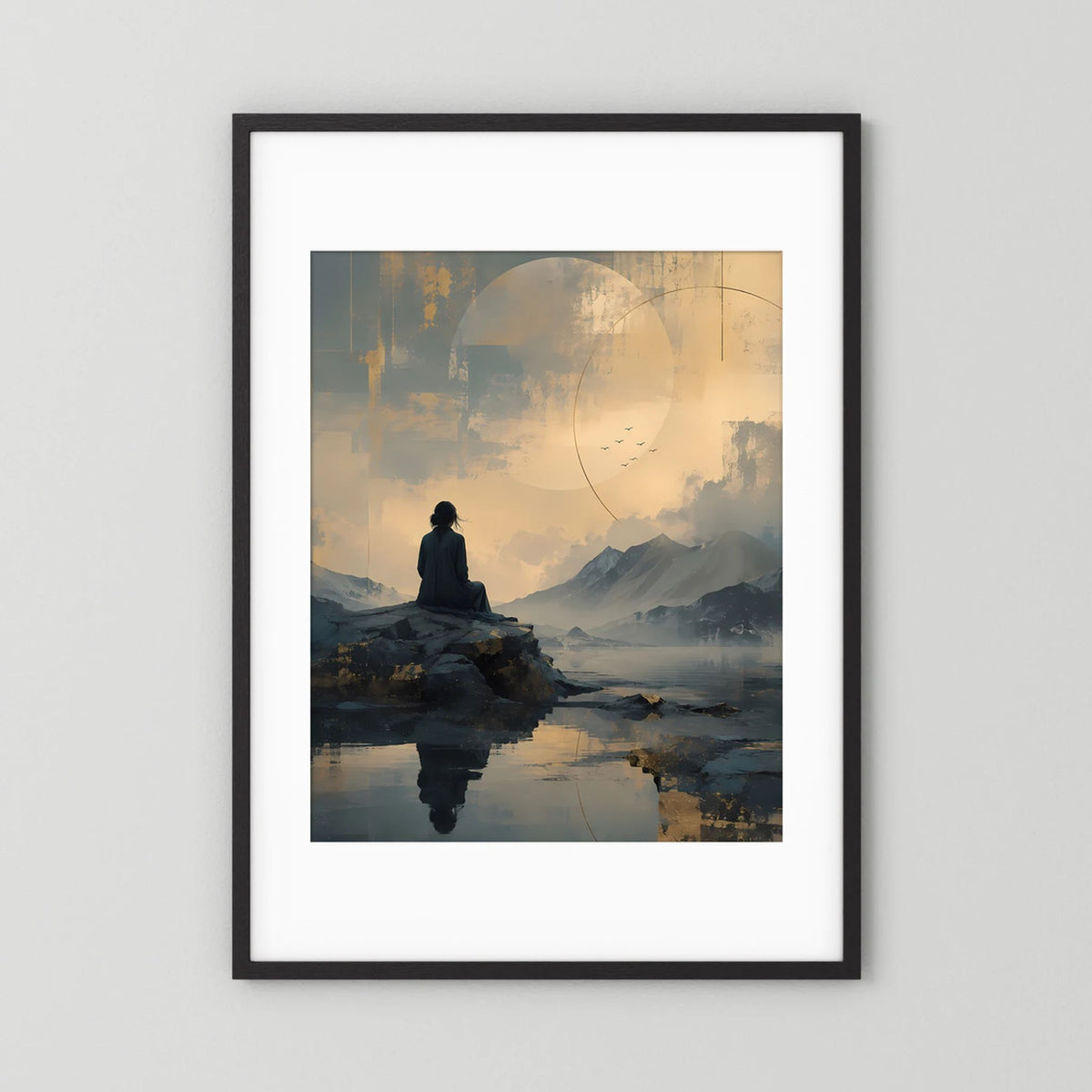 Gerahmtes Poster im Hochformat mit schwarzem Rahmen und weißem Rand; Berglandschaft mit Figur.