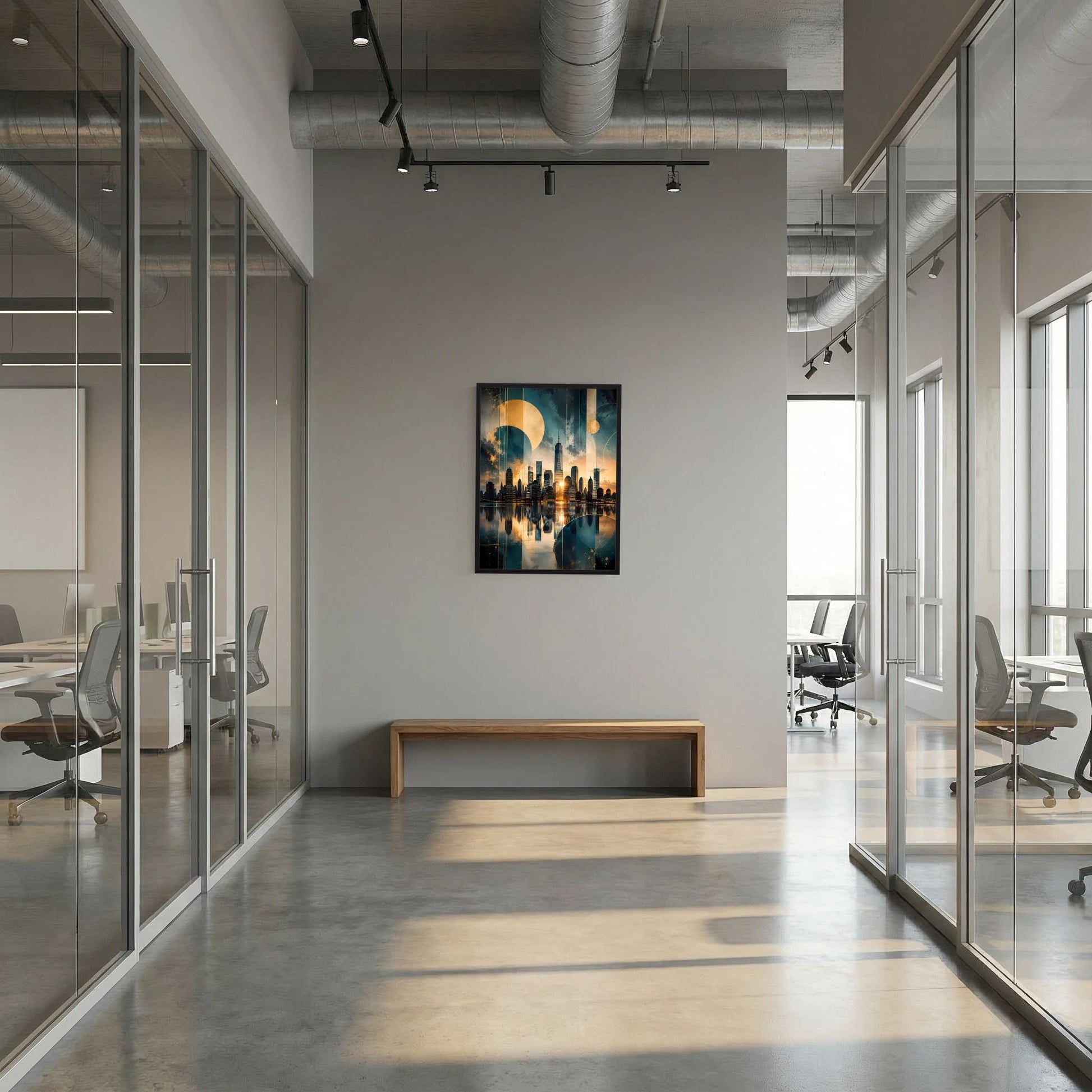 Hochformatiges Poster mit abstrakter Skyline in Petrol und Gold, schwarzer Rahmen