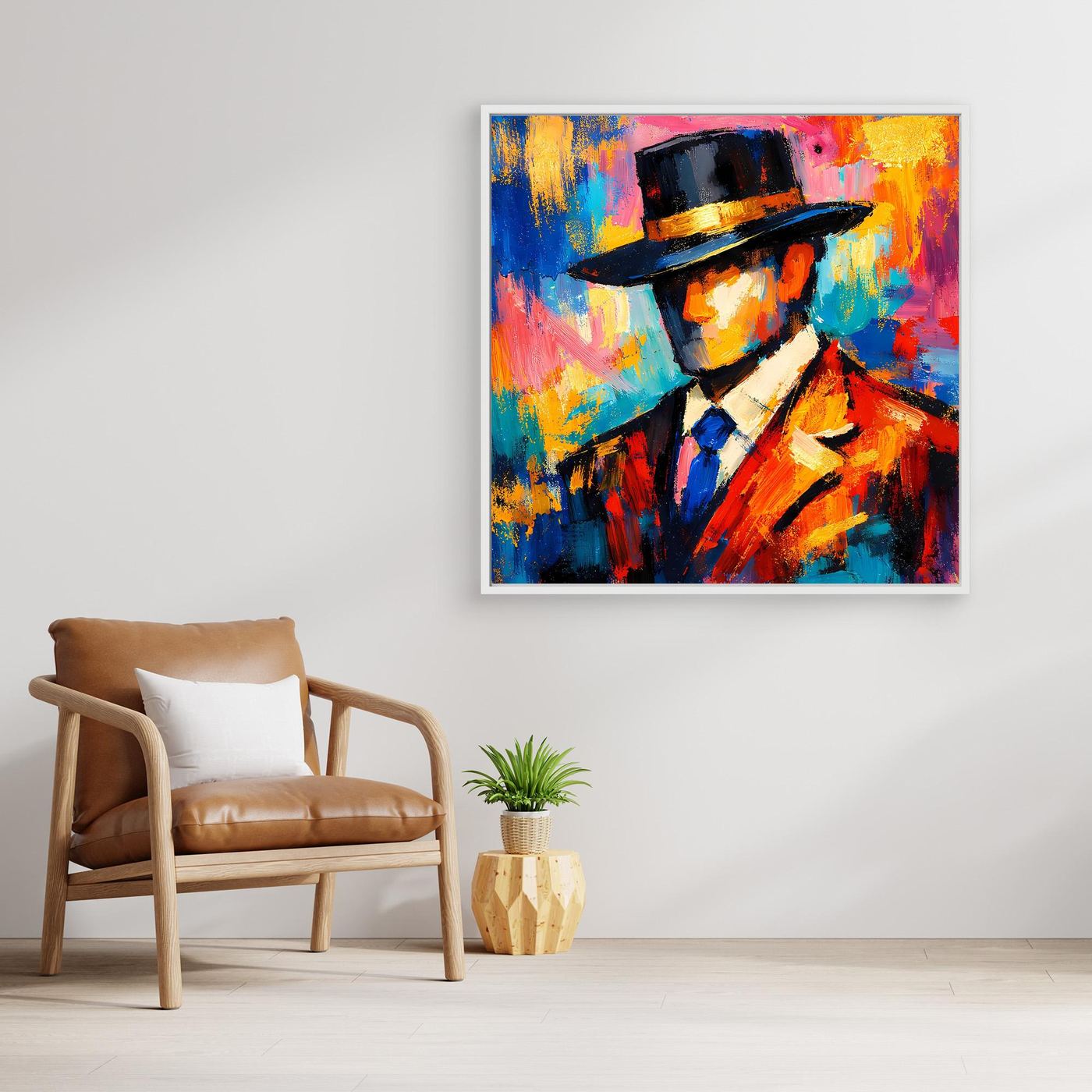 Leinwandbild: abstraktes Portrait mit Zylinder, leuchtende Farben, goldener Rahmen