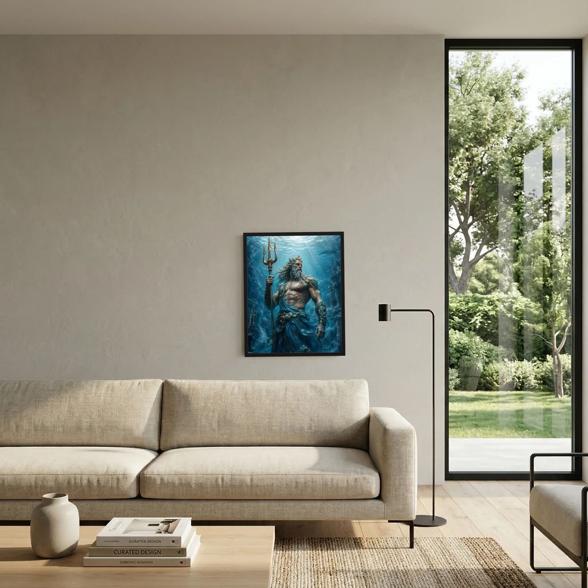 Hochformatiges Poster mit Poseidon und Dreizack im Unterwasserbild, schwarz gerahmt