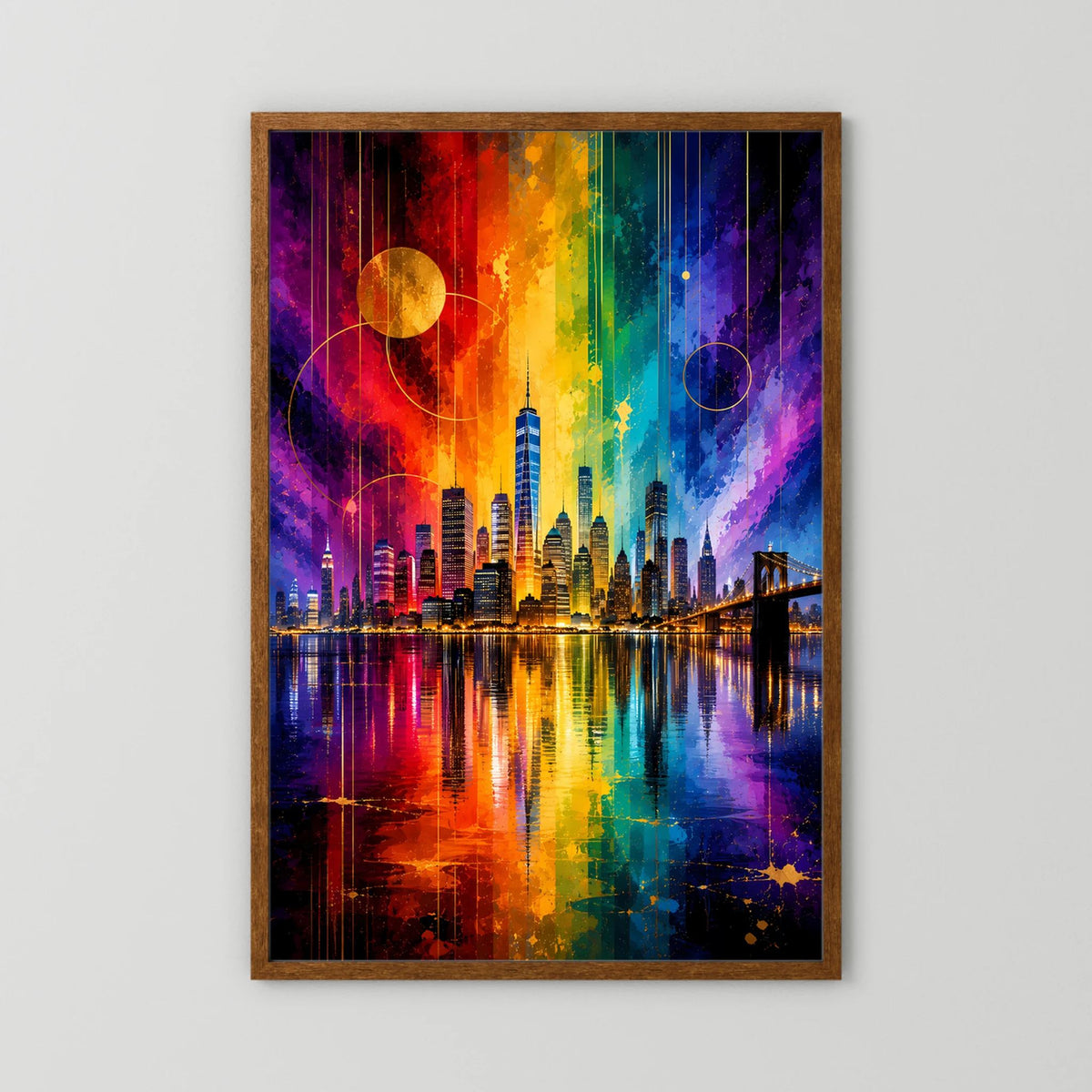 City-Poster Hochformat mit Regenbogen-Skyline und Reflexionen im dunklen Holzrahmen