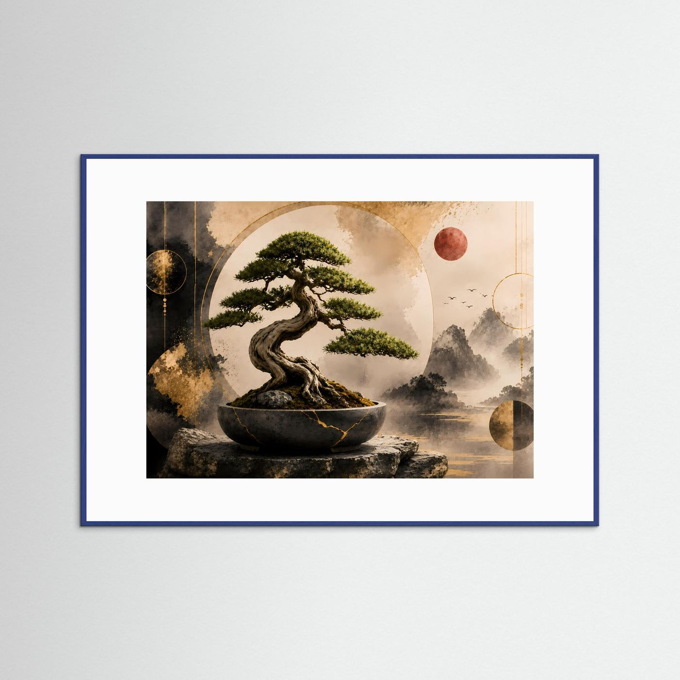 Gerahmtes Poster mit Bonsai-Baum in Schwarz und Gold, rundem Motiv und Steinbasis, blauer Rahmen.