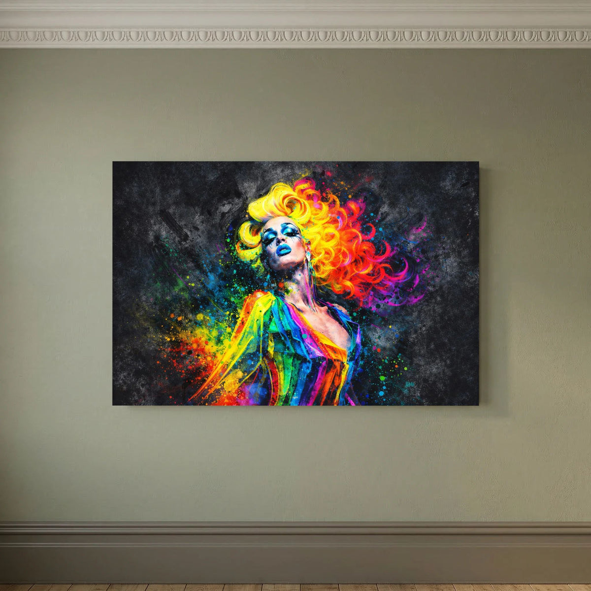 Pop-Art-Wandbild im Querformat mit buntem Frauenporträt und dunklem Hintergrund