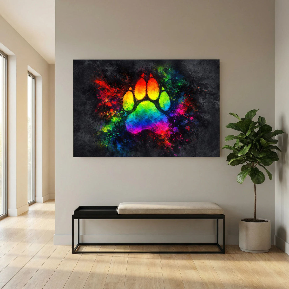 Poster mit buntem Pfotenabdruck auf dunklem Hintergrund, querformat