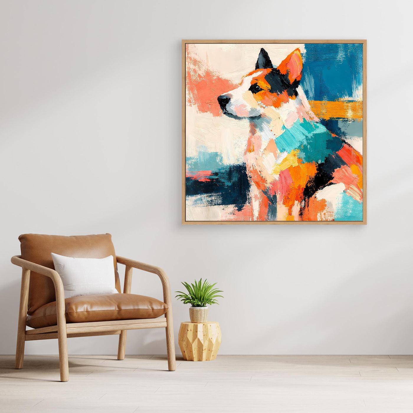 Leinwand-Wandbild mit abstraktem Hund im Pop-Art-Stil, farbige Pinselstriche, beiger Rahmen