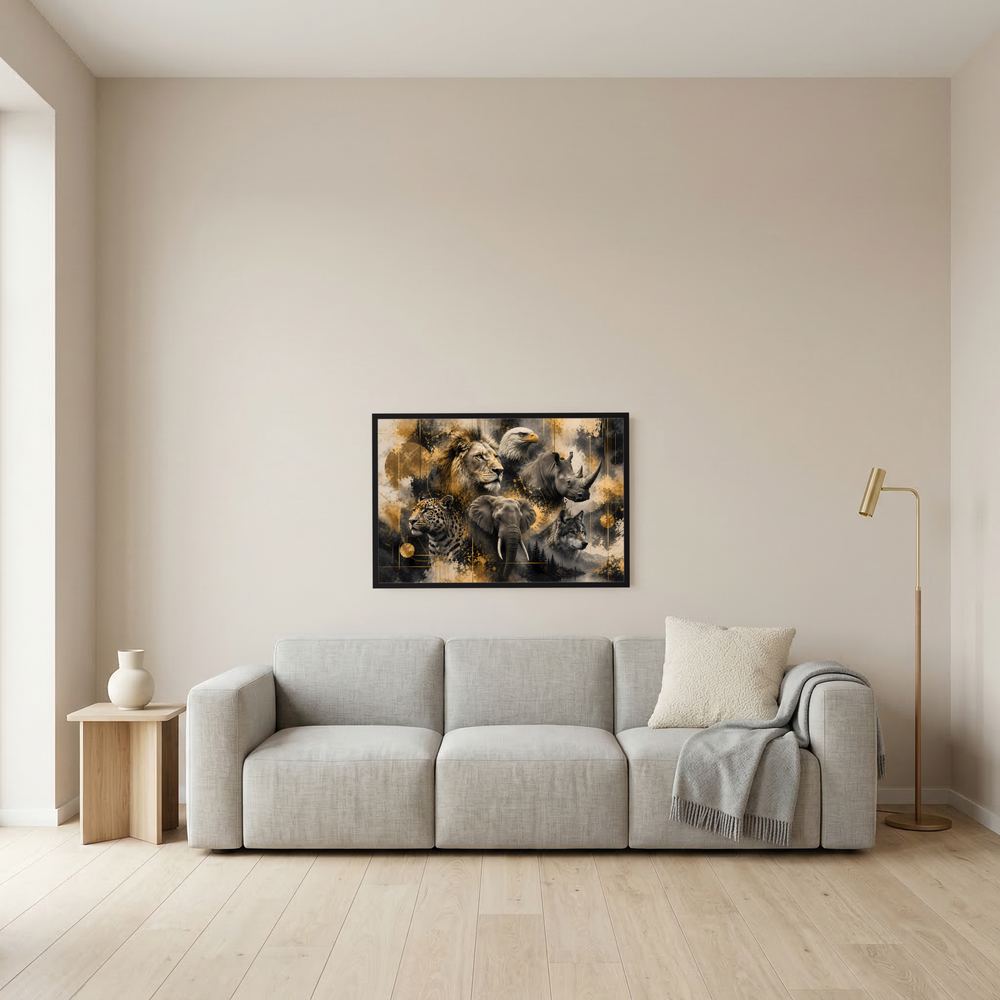 Tierposter im Querformat mit Löwe, Elefant, Wolf, Adler, Nashorn im Gold-Schwarz-Stil, schwarz gerahmt