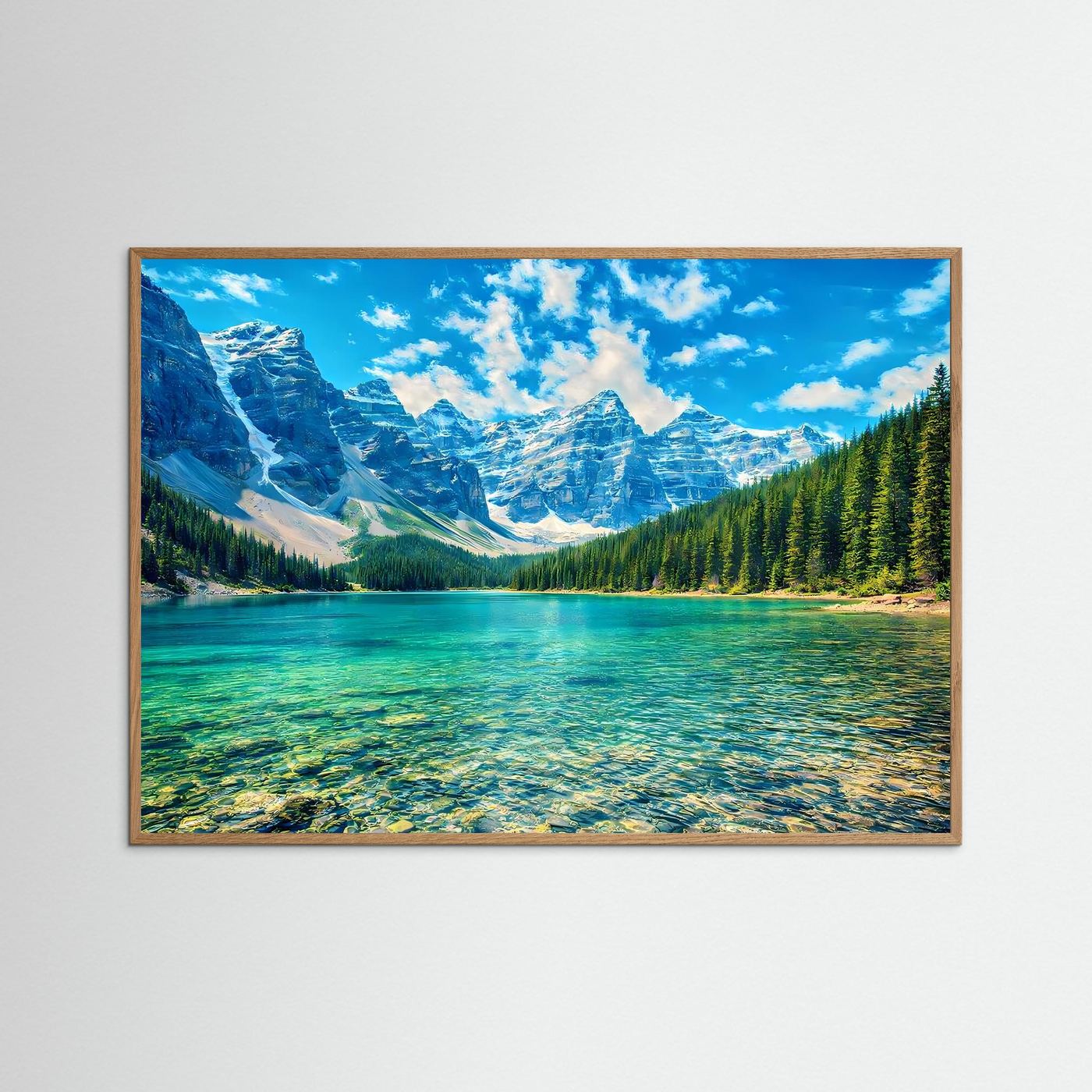 Wandposter mit türkisblauem Bergsee-Motiv, naturbrauner Holzrahmen, Querformat.