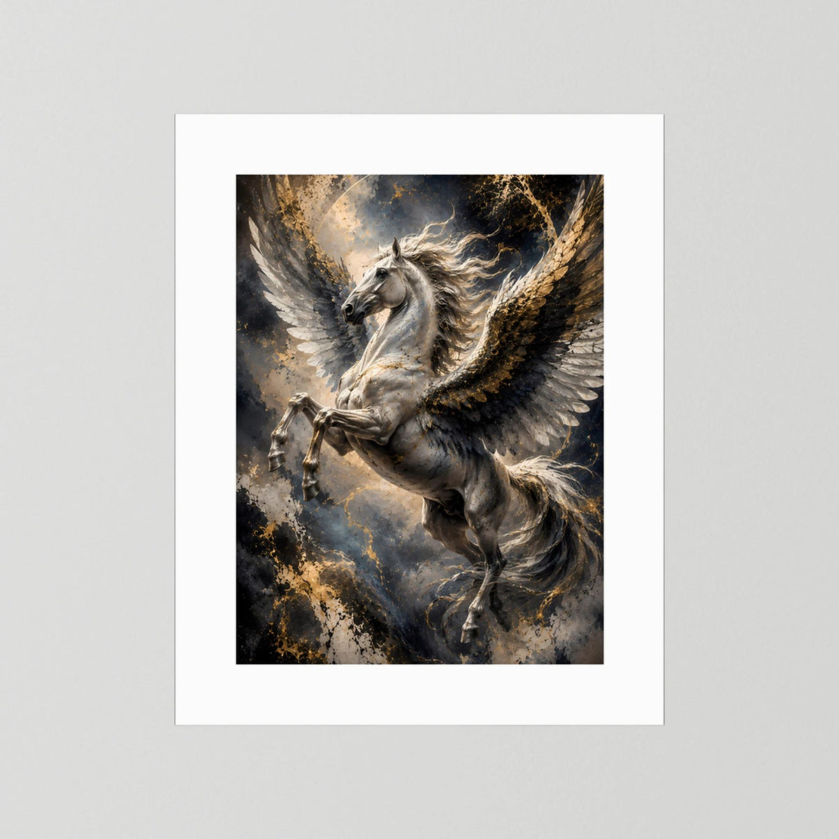 Hochformat-Poster mit Pegasus mit goldenen Flügeln und silbernem Körper, weißer Rand