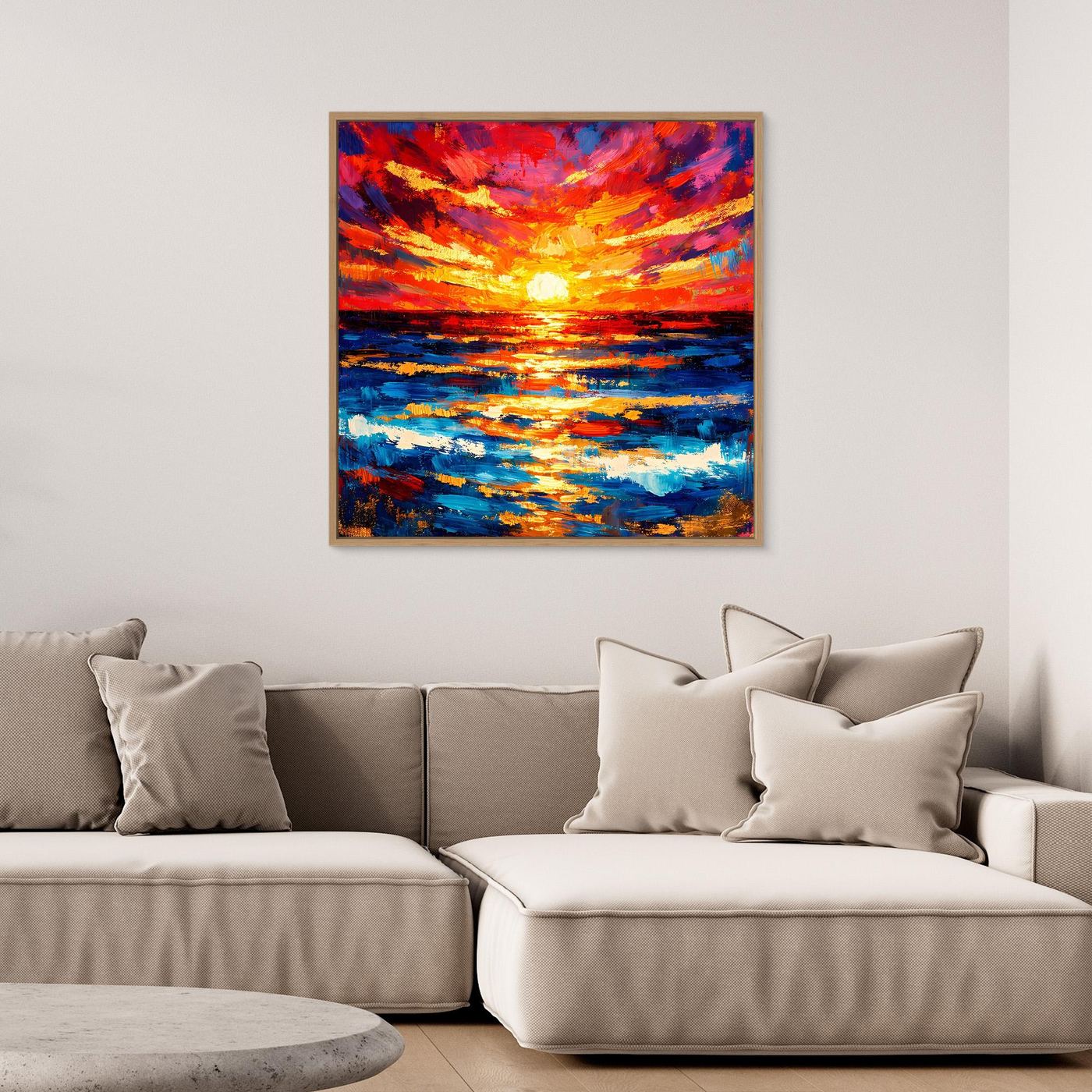 Leinwandbild mit abstrakter Meereslandschaft beim Sonnenuntergang, dunkler Rahmen