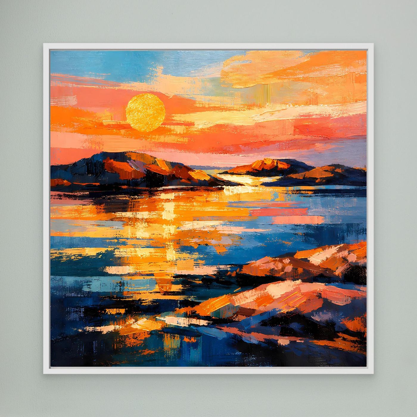 Gerahmtes Leinwandbild mit abstrakter Küstenlandschaft, Sonne über Meer in Orange und Blau