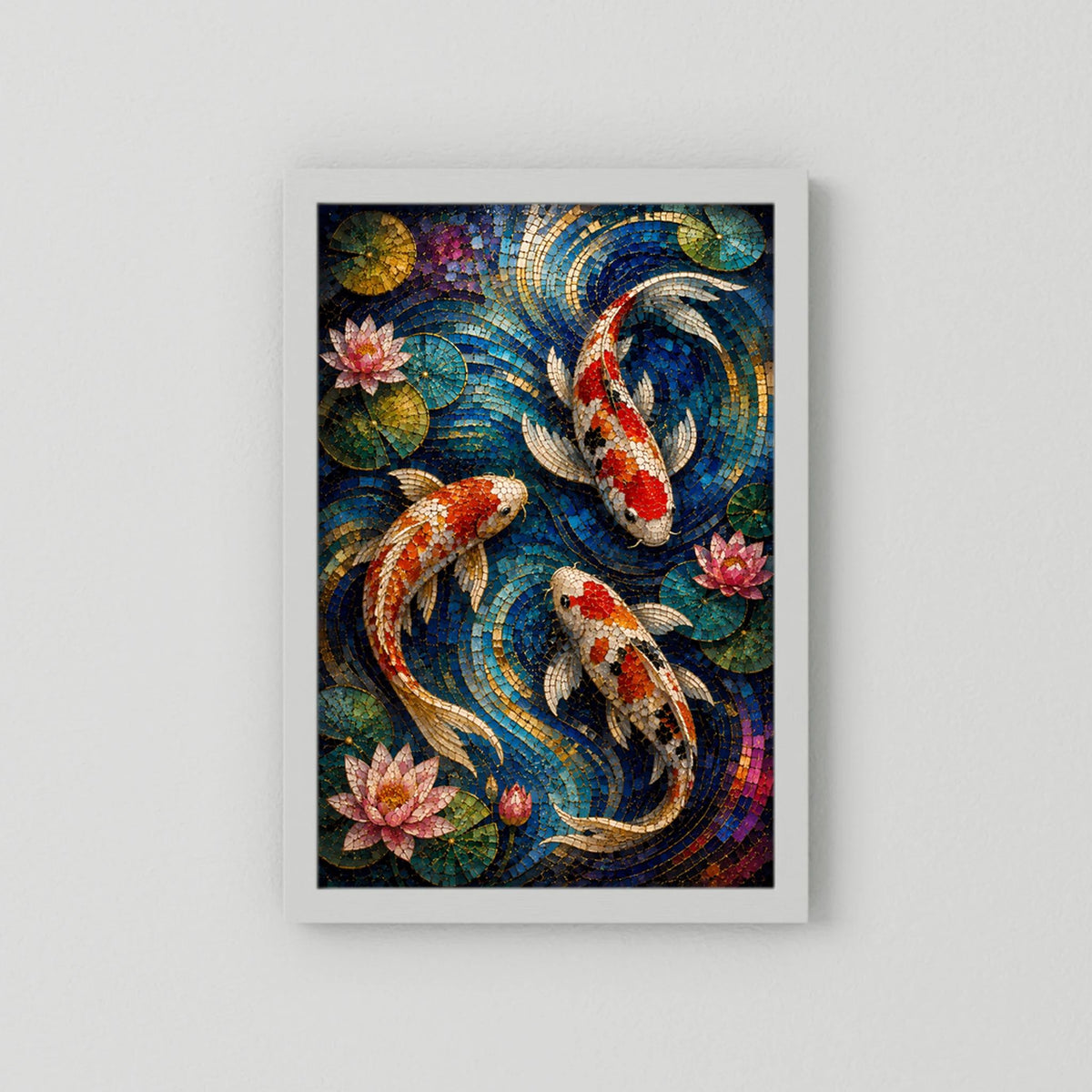 Koi Fische im Seerosenteich | Japanisches Mosaik in Blau & Gold | Poster Hochformat