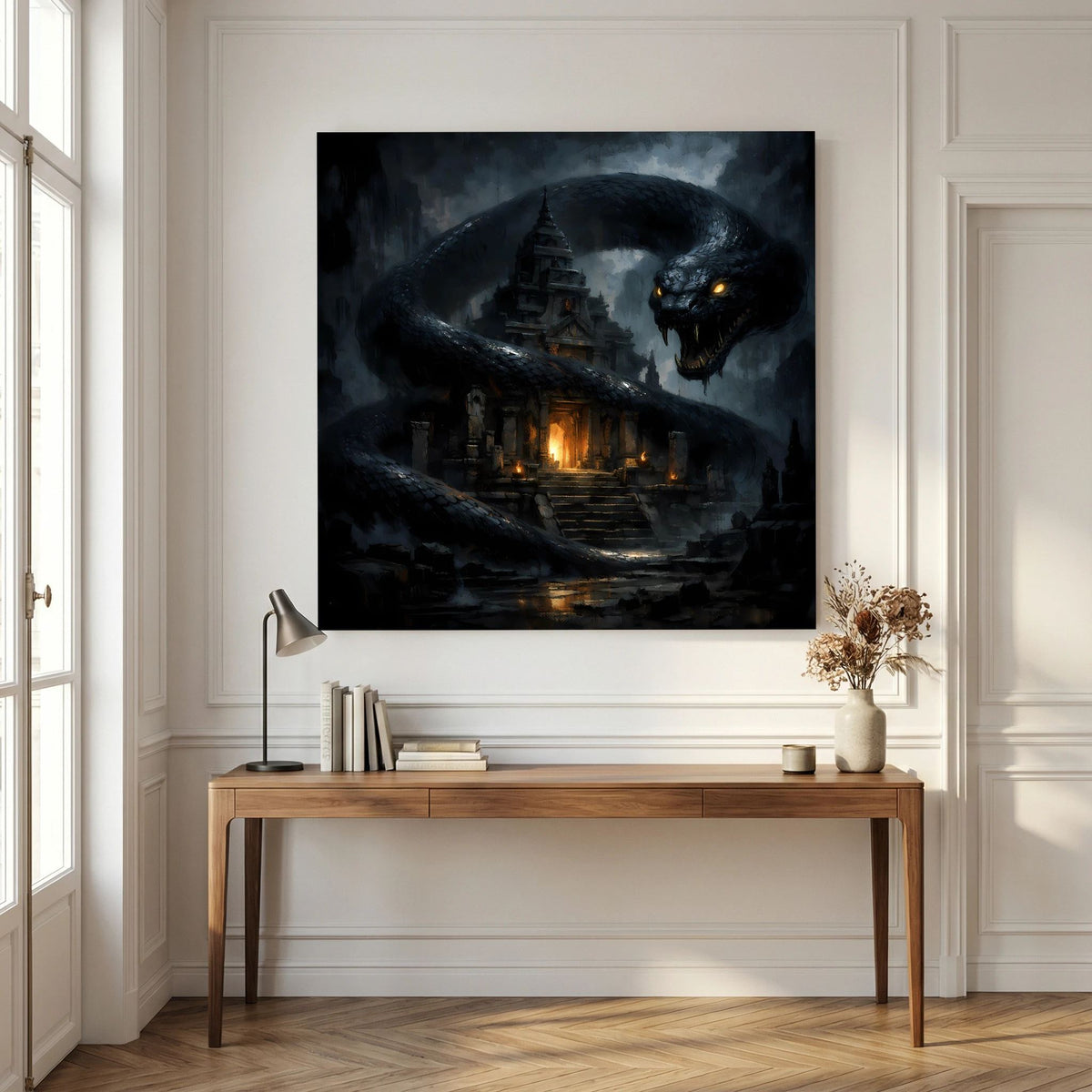 Fantasy-Wandbild mit riesiger Schlange, leuchtenden Augen und Tempel mit warmen Lichtern
