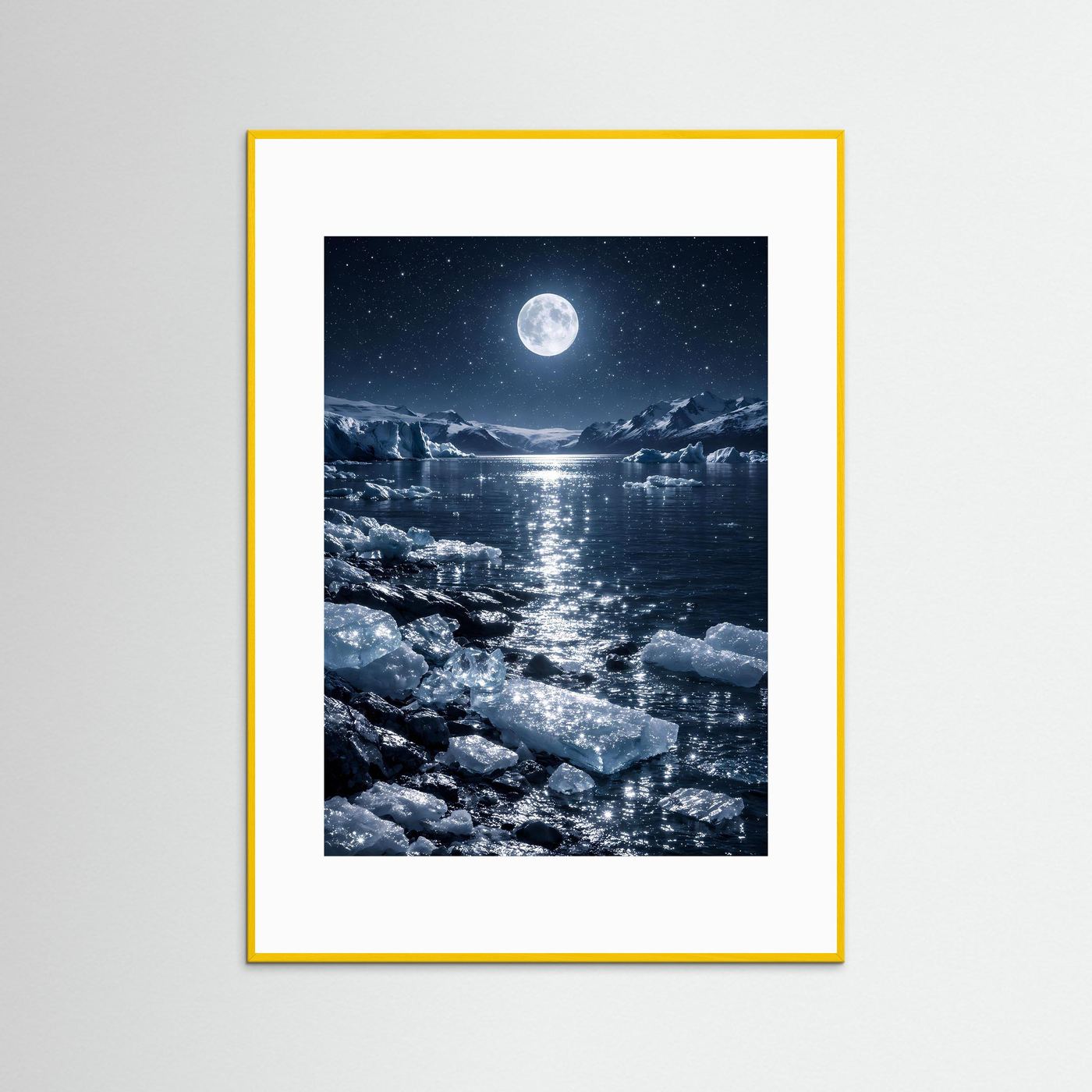 Wandposter mit Vollmond über Eismeer im hellen Rahmen mit weißem Rand.