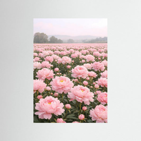 Poster Pfingstrosenfeld im Morgendunst | Rosa Blumenwiese Wandbild
