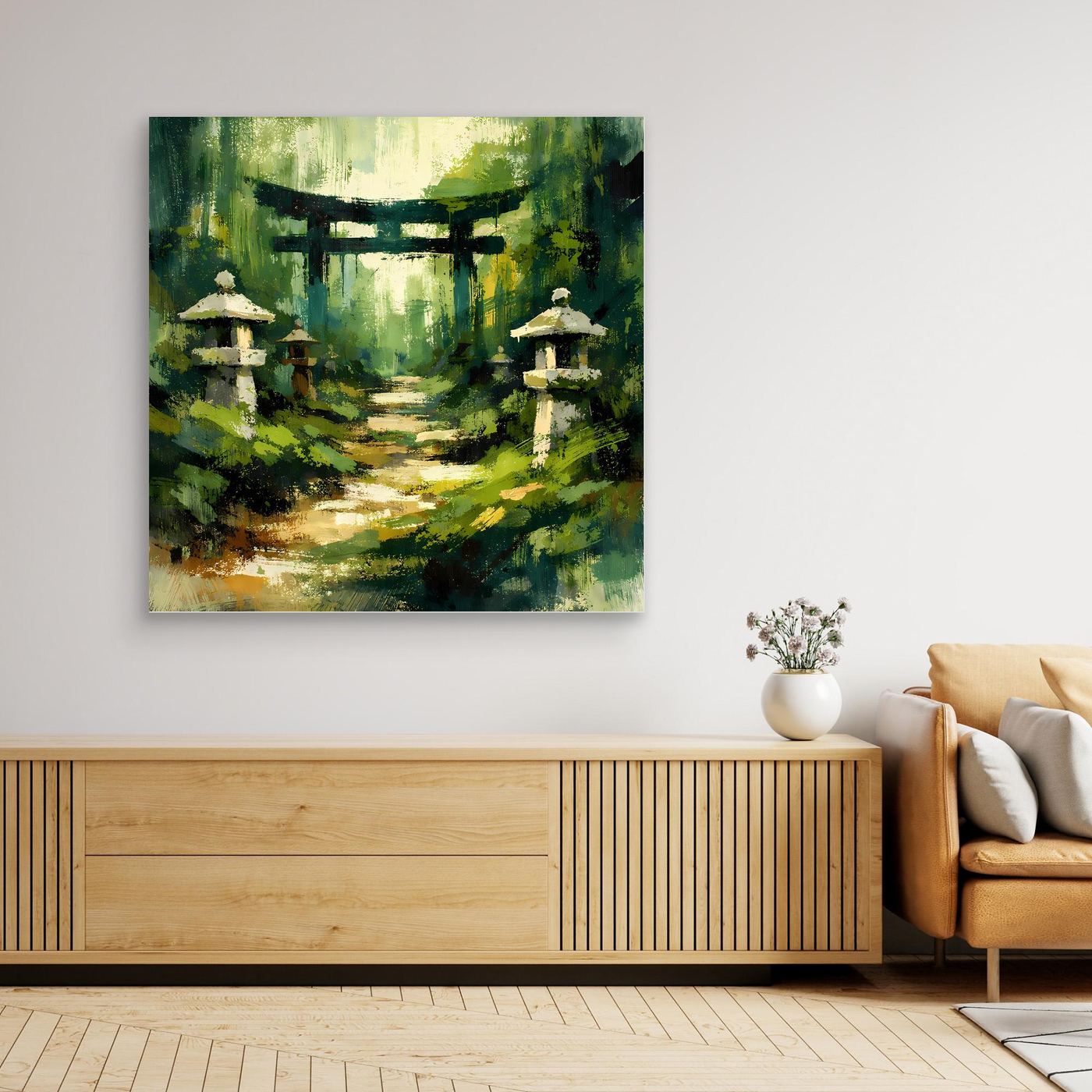 Leinwand Mystischer Torii-Pfad im Wald | Traditionelles Japan-Wandbild auf echter Leinwand