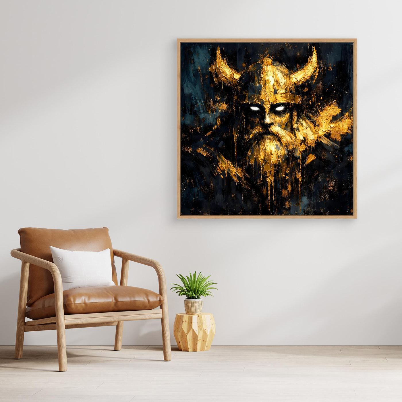 Leinwand Mystischer Wikinger in Gold und Schwarz | Modernes Abstraktes Krieger Wandbild