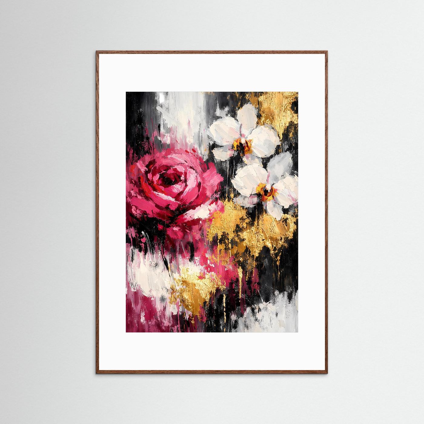 Gerahmtes Blumenposter mit abstrakten Blüten, Himbeerrot, Weiß und Gold; brauner Holzrahmen.