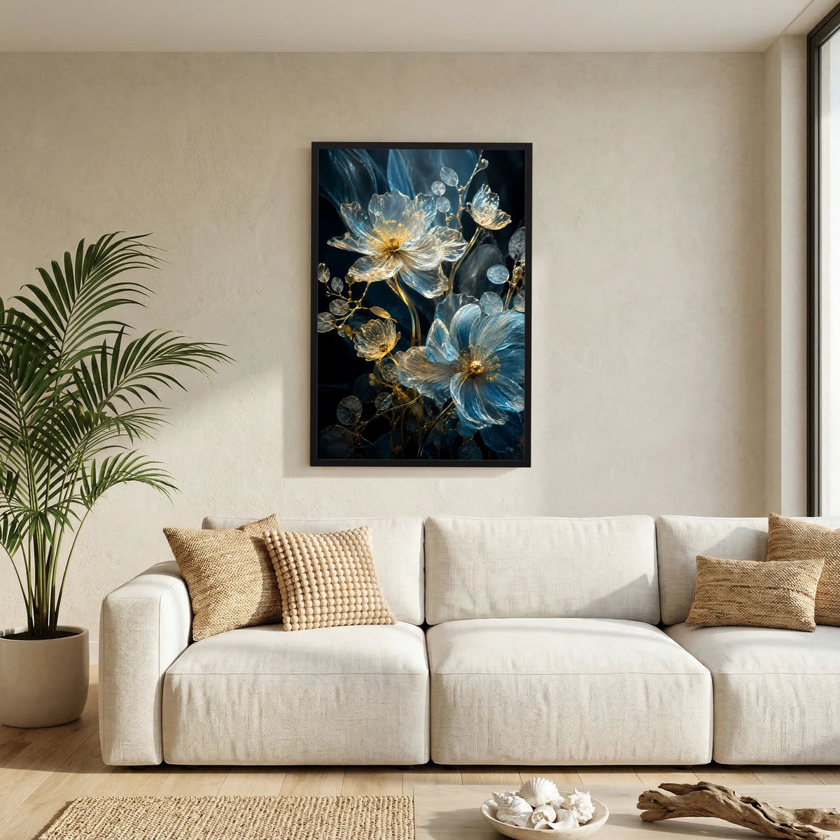 Poster im schwarzen Rahmen mit blauen und goldenen Kristallblüten auf dunklem Grund