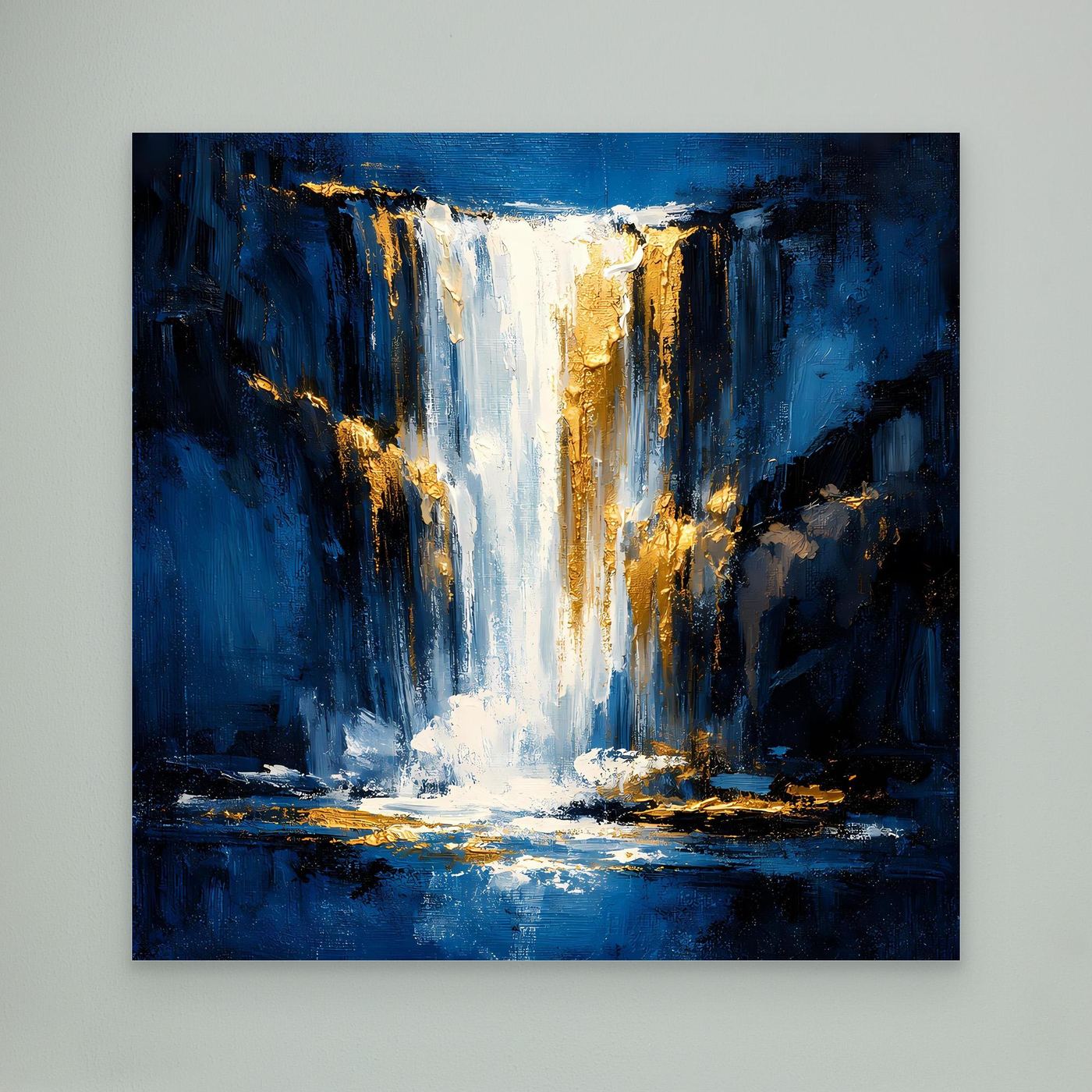 Leinwand Abstraktes Wasserfall Gemälde in Dunkelblau und Gold | Modernes Natur Wandbild