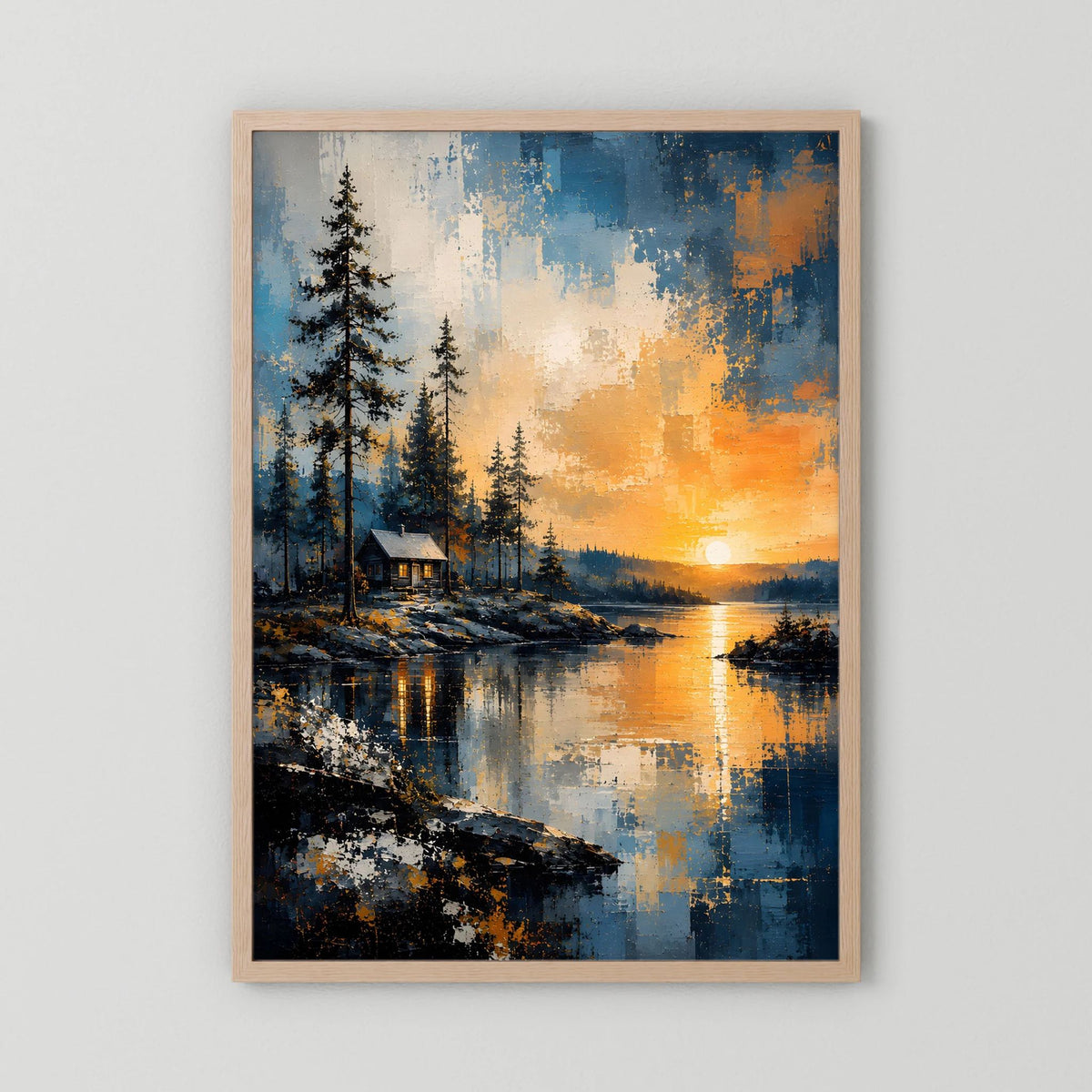Naturposter mit abstrakter Waldlandschaft, Hütte am Wasser und Sonnenuntergang, hellbraun gerahmt