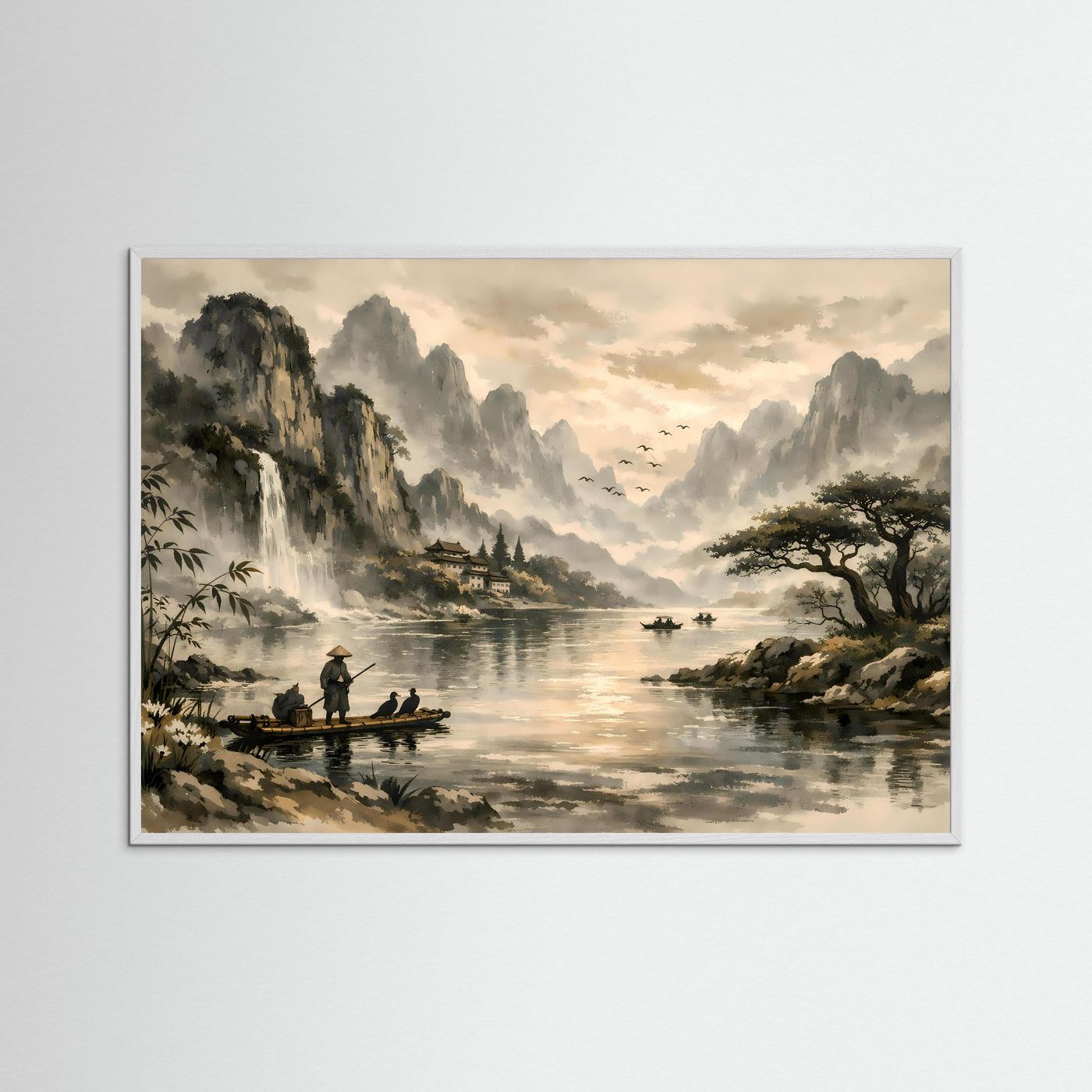 Traditionelle Asiatische Flusslandschaft | Sepia & Natur Kunst Poster Querformat