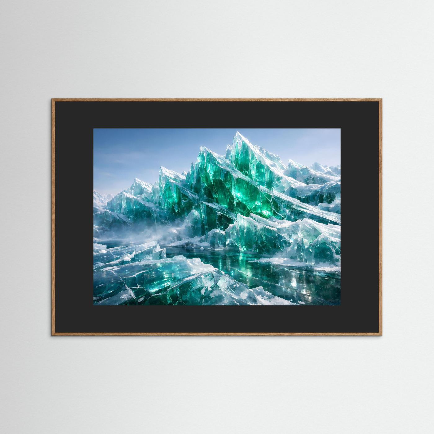 Poster mit smaragdgrünen Eisbergen, dunkelgrauer Rahmen, braunes Außenband