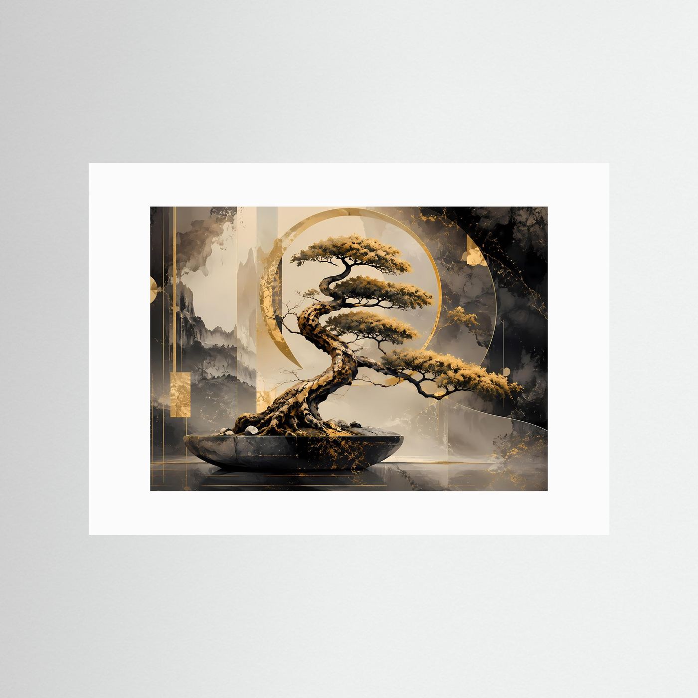 Goldener Bonsai – Zen Baum in Schwarz & Gold | Elegante abstrakte Wandkunst