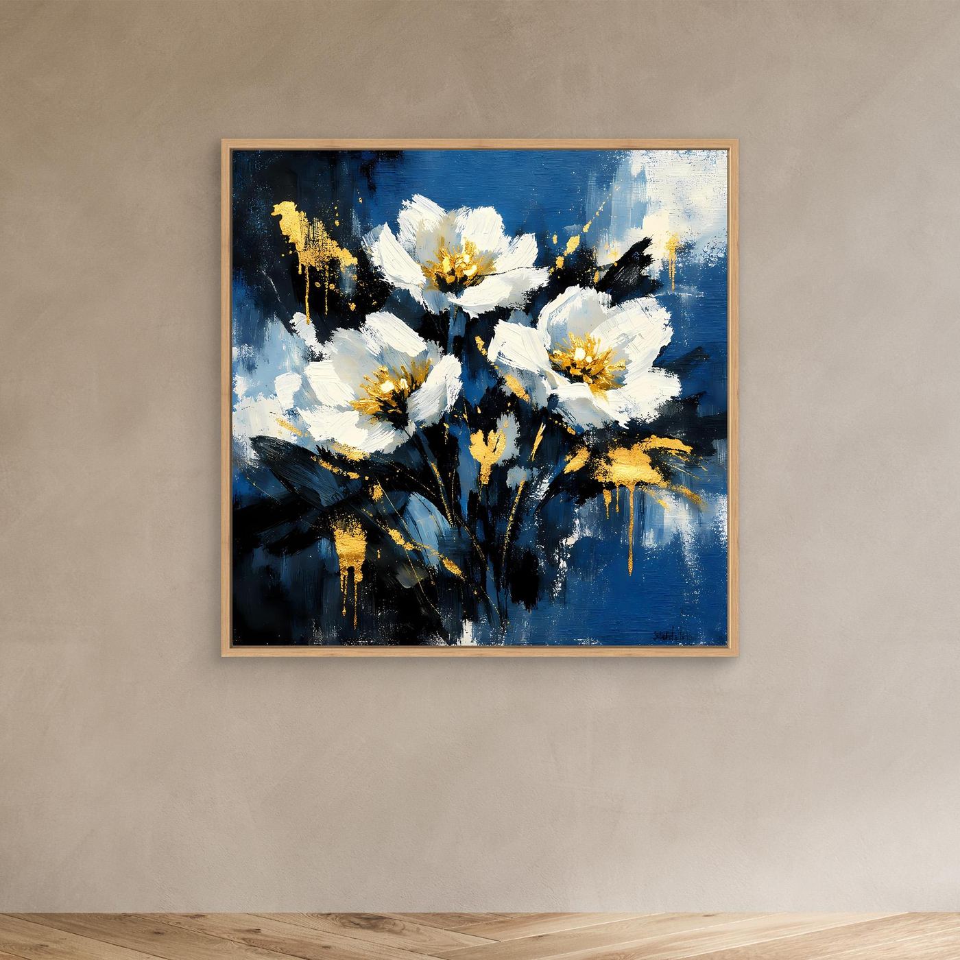 Blumen-Leinwand mit weißen Blüten und goldenen Akzenten auf blauem Hintergrund, Eichenrahmen
