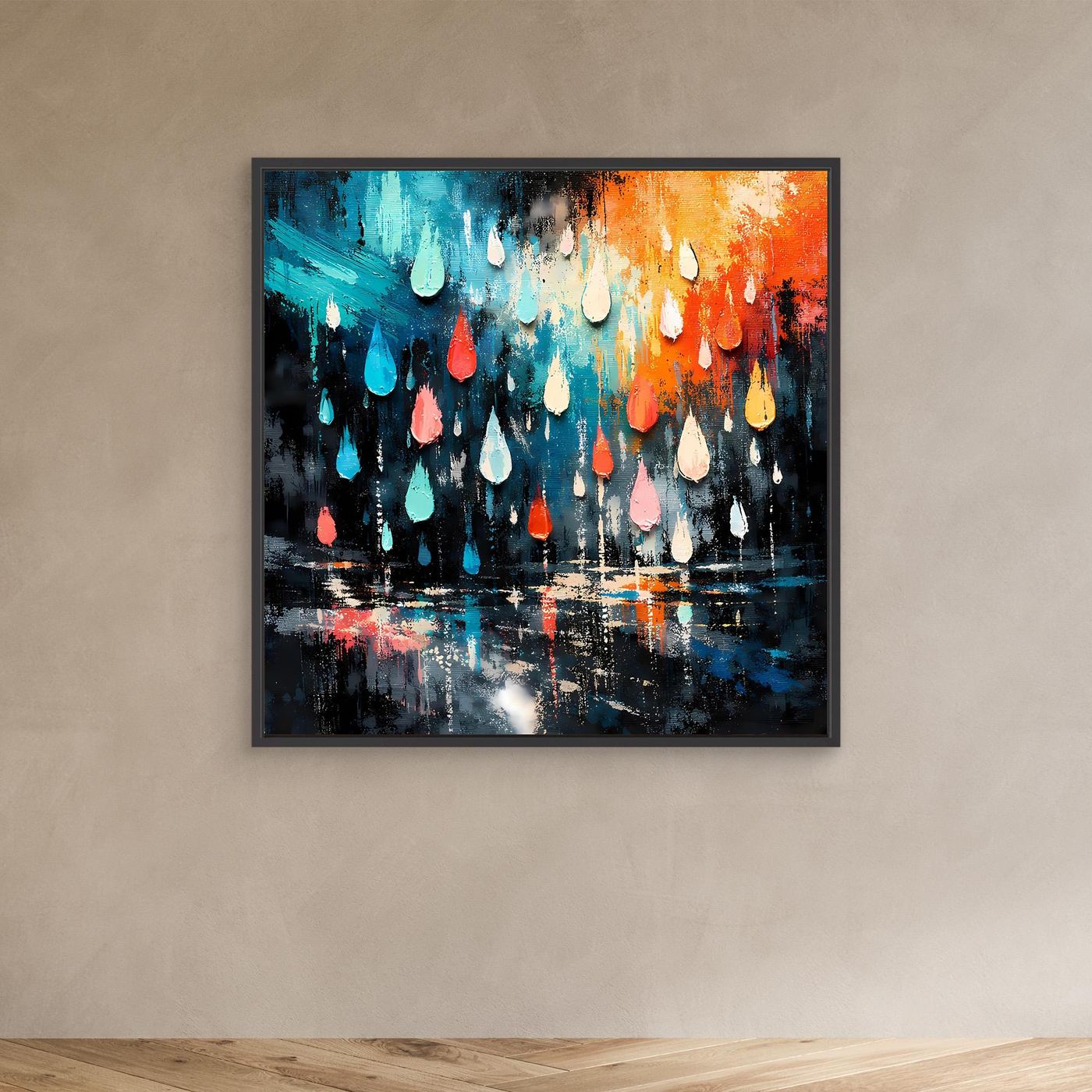 Abstraktes Wandbild mit Tropfen in Blau-, Orange- und Rosatönen; dunkler Rahmen.