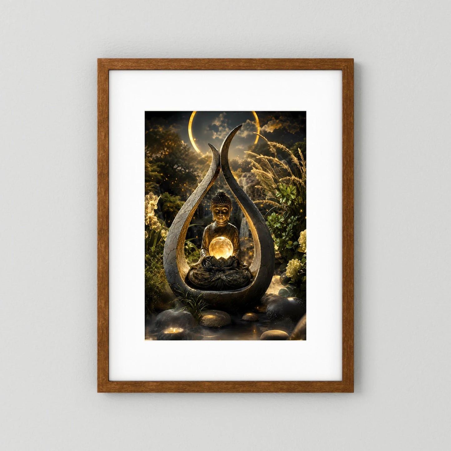Hochformatiges Kunstposter mit meditiertem Buddha und goldener Lichtkugel, Tropfen-Relief, brauner Holzrahmen