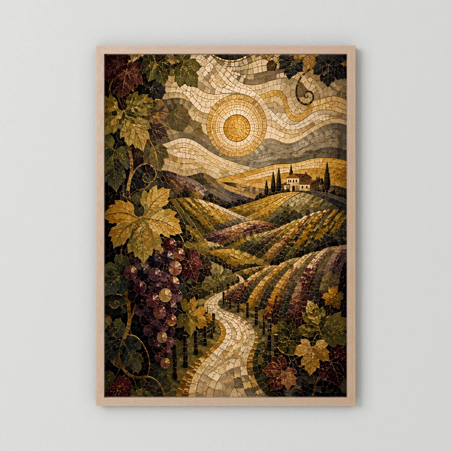 Gerahmtes Hochformat-Poster im Mosaikstil: toskanische Weinberge mit Weinreben und Sonne
