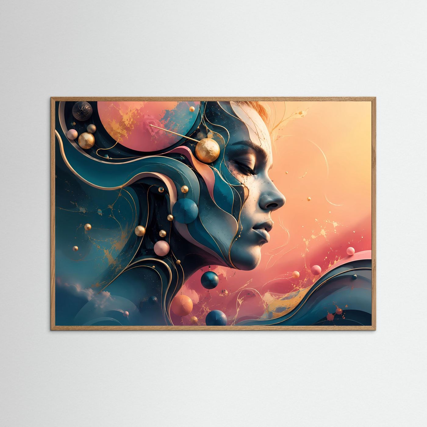 Abstraktes Frauengesicht Poster | Moderne Portrait Kunst | Surreale Frauenkunst | Geometrische Wanddekoration | Elegante Leinwand mit Goldakzenten