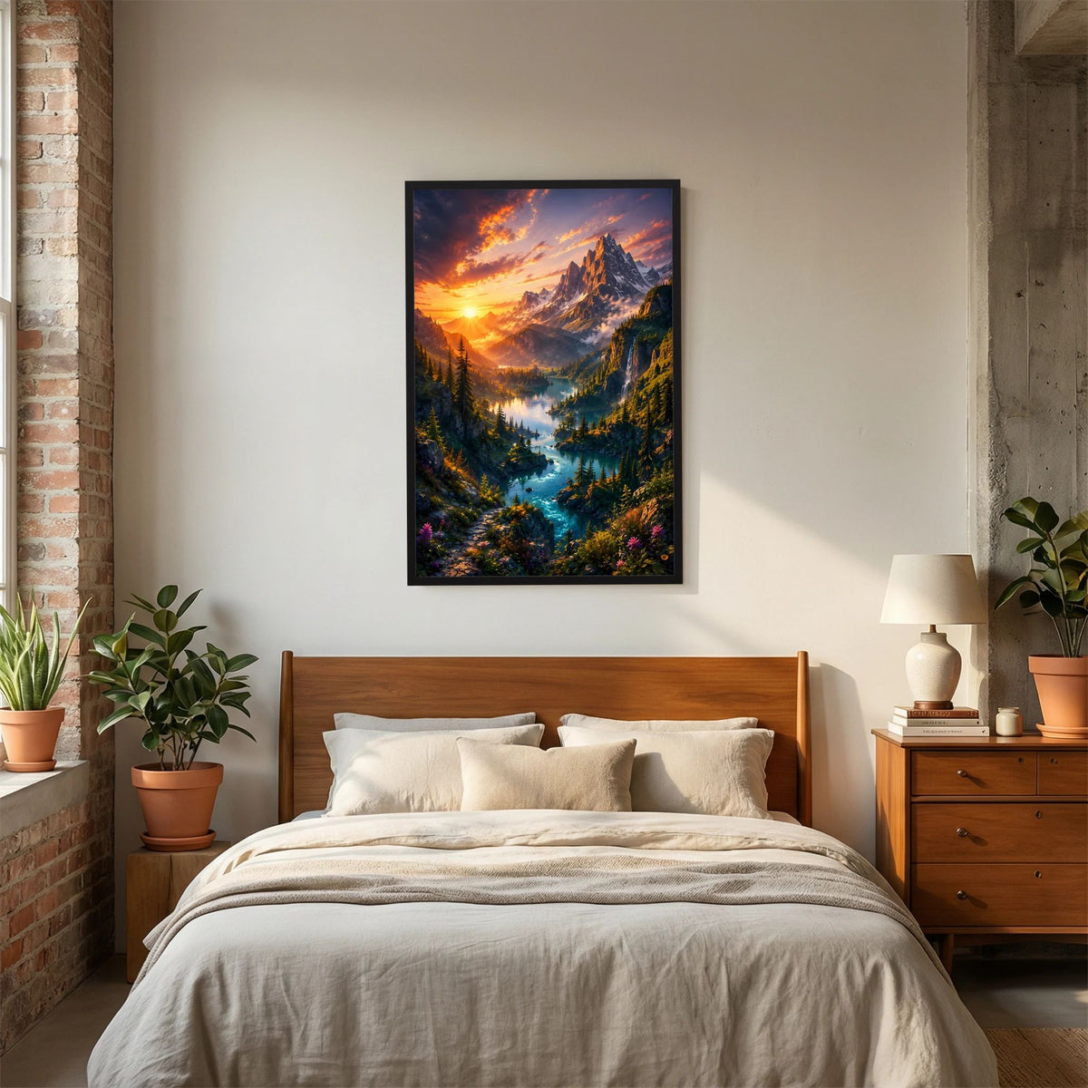 Hochformat-Poster mit schwarzem Rahmen und Berglandschaft mit türkisfarbenem Fluss bei Sonnenaufgang