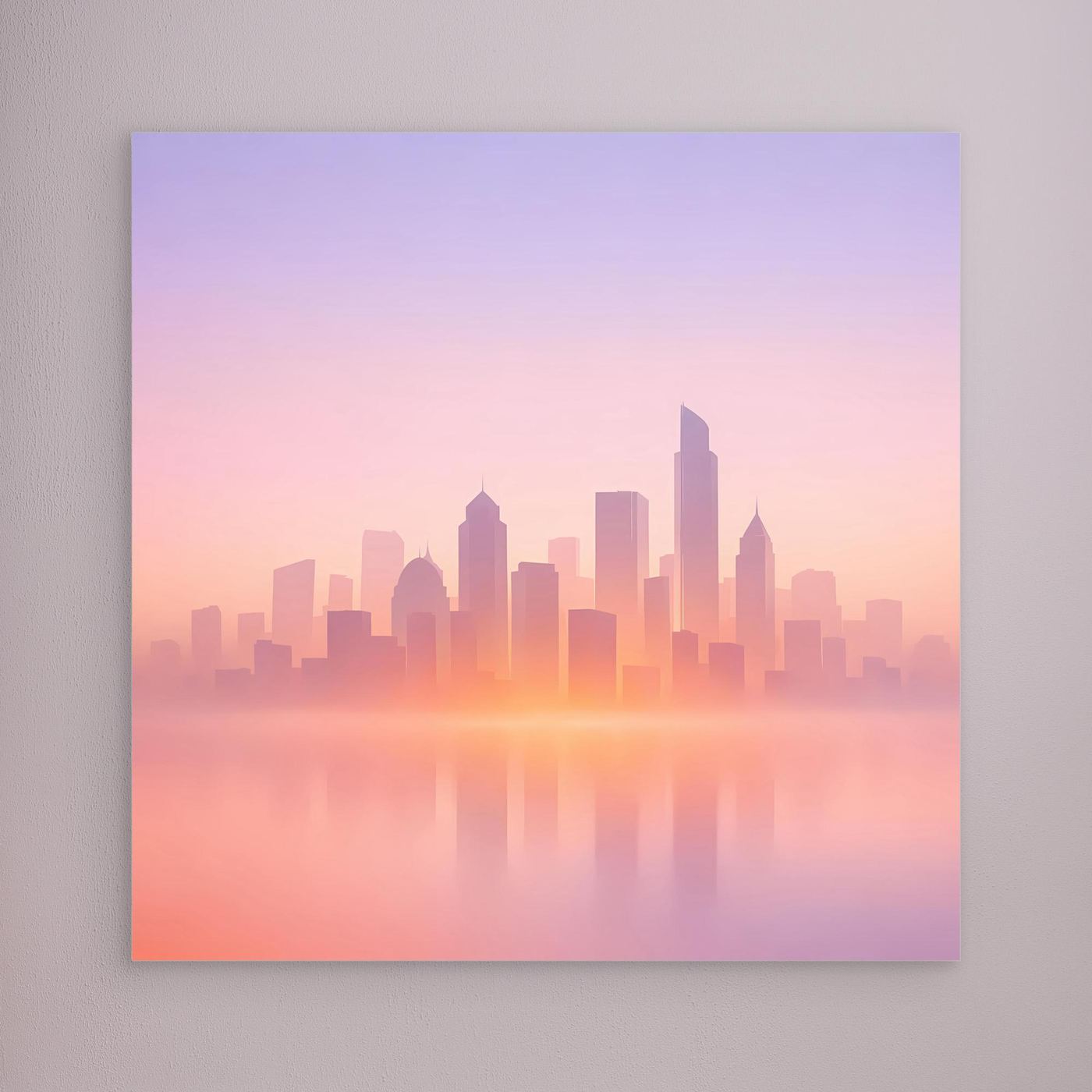 Leinwand-Wandbild mit pastellfarbener Skyline im Dunst, rahmenlos