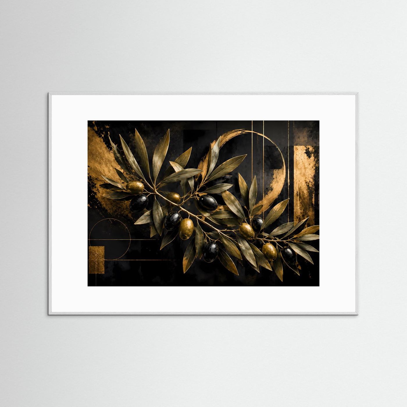 Goldener Olivenzweig auf tiefschwarzem Hintergrund | Elegante Oliven mit metallischen Goldakzenten und geometrischen Formen | Luxuriöse mediterrane Botanik-Wandkunst im Querformat